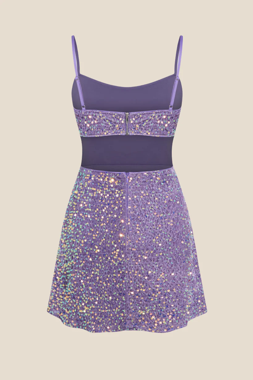 Straps Purple Sequin Ruched A-line Short Dress
