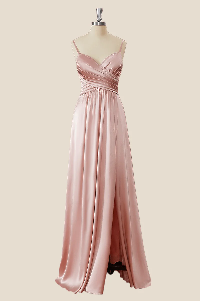 Blush Pink Pleated Satin A-line Long Bridesmaid Dress