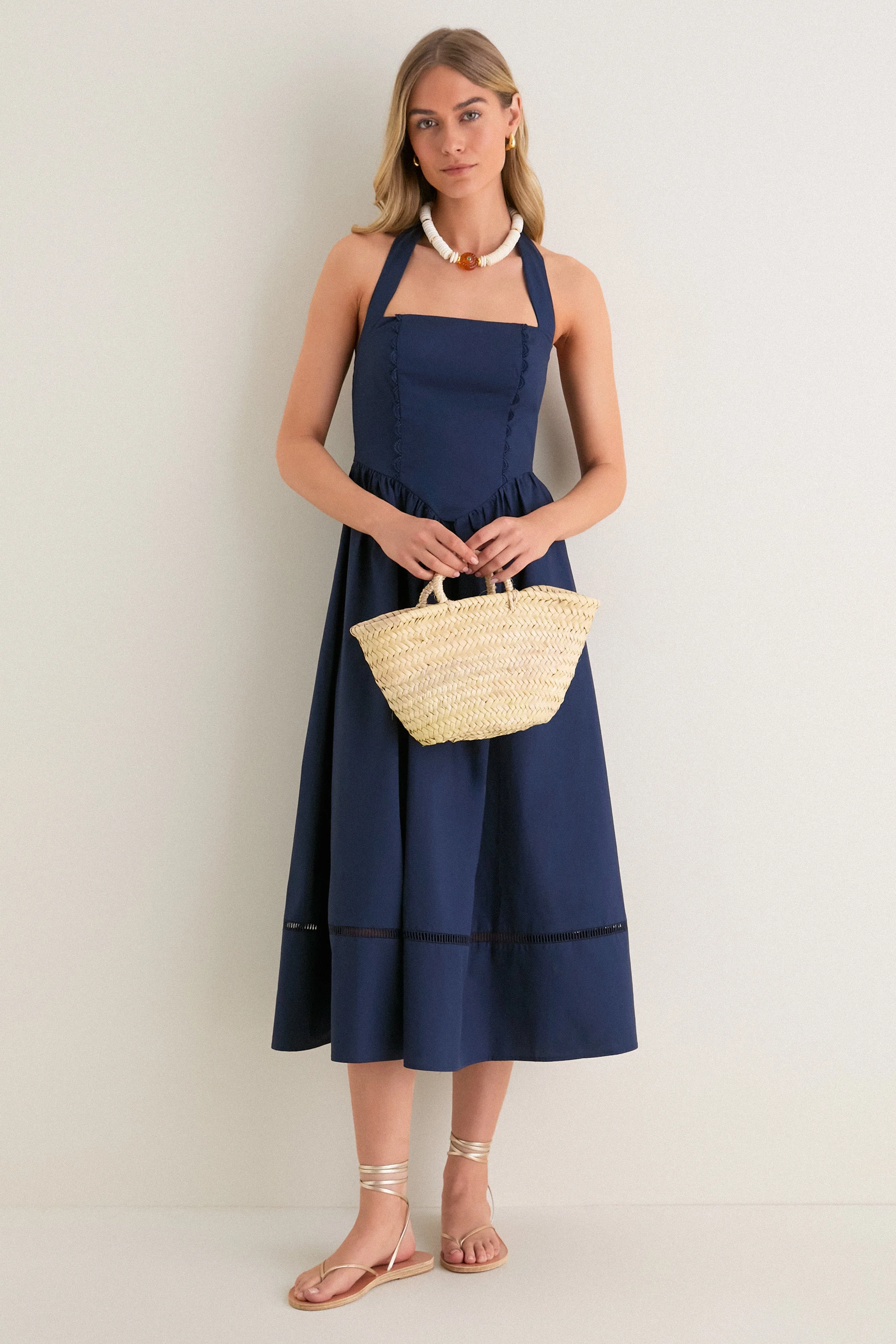 Navy Square Neck Halter Midi Dress