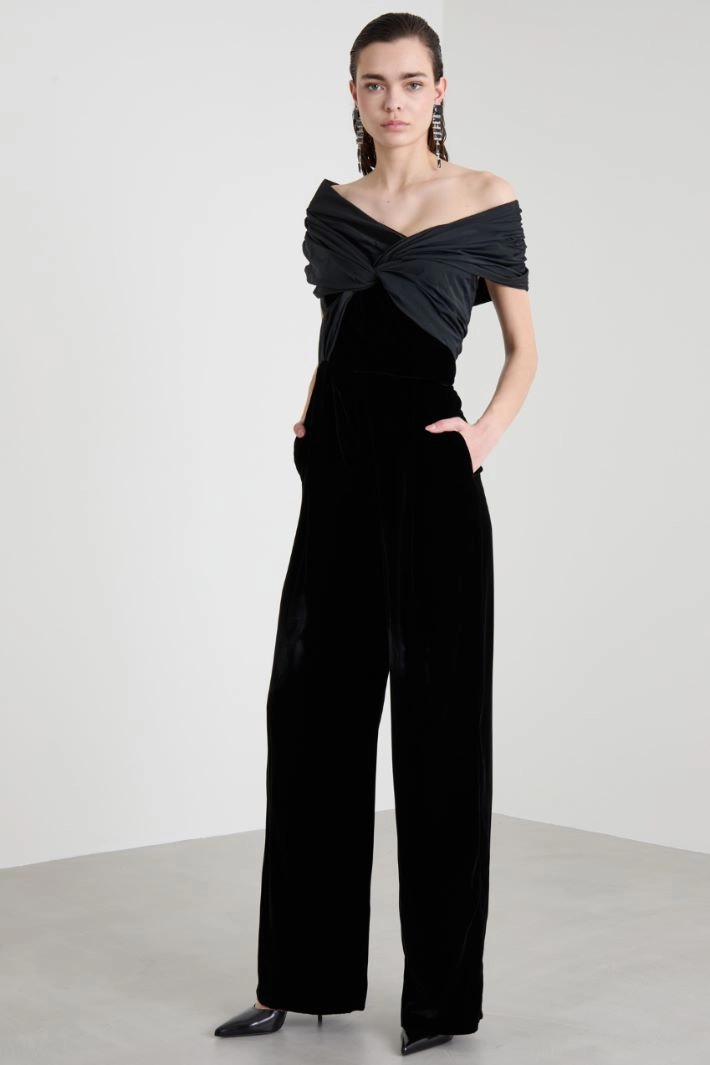 Micro-faille and velvet jumpsuit - BLACK
