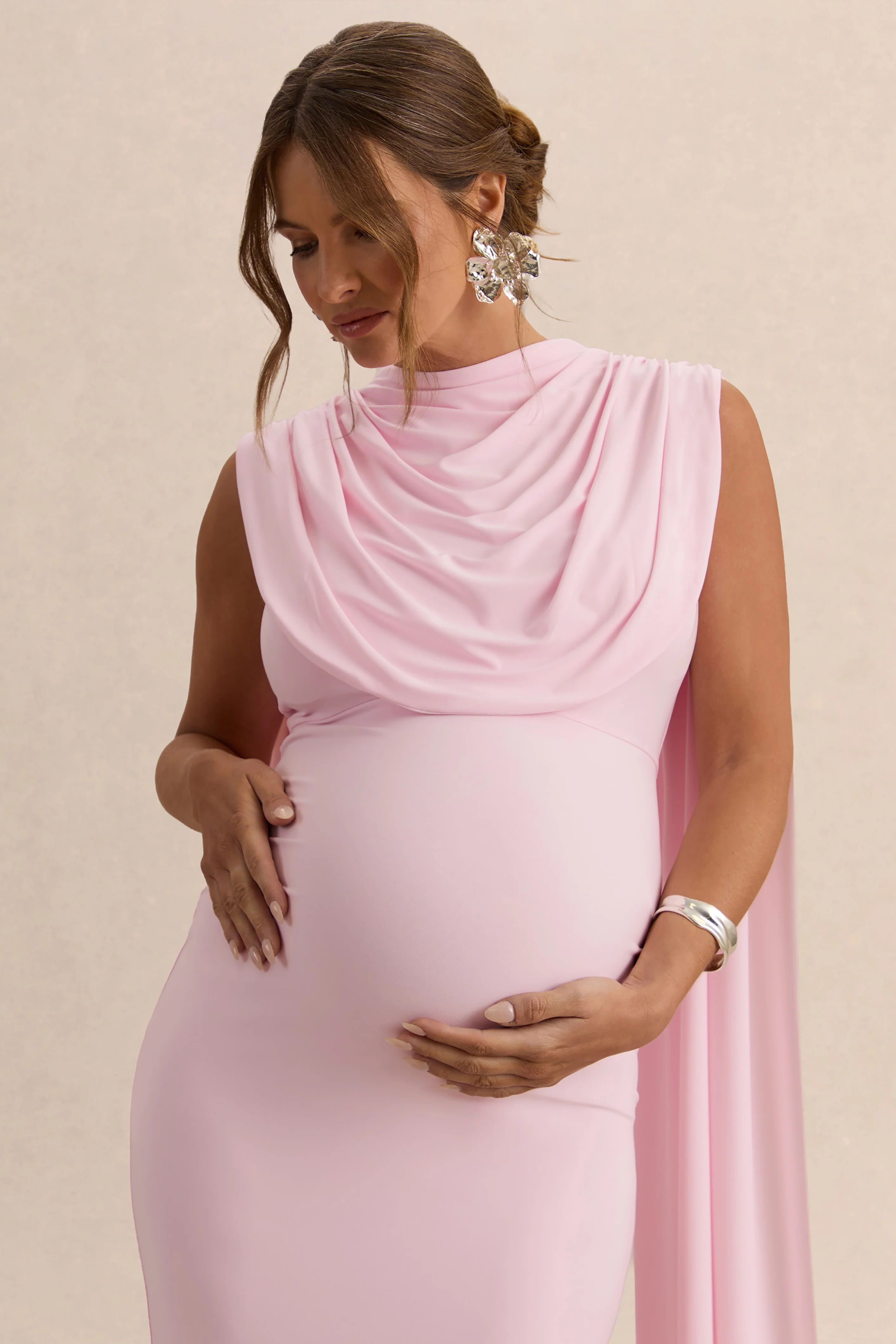 Milaine | Light Pink Round-Neck Maternity Midi Dress With Cape Sleeves