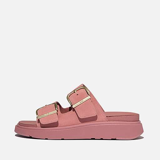 Buckle Metallic Tumbled-Leather Two-Bar Slides