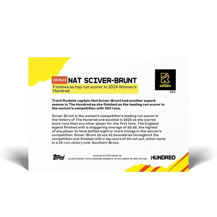 Nat Sciver-Brunt - Finishes as top run scorer in 2024 Women’s Hundred - 2024 The Hundred TOPPS NOW® Card 21