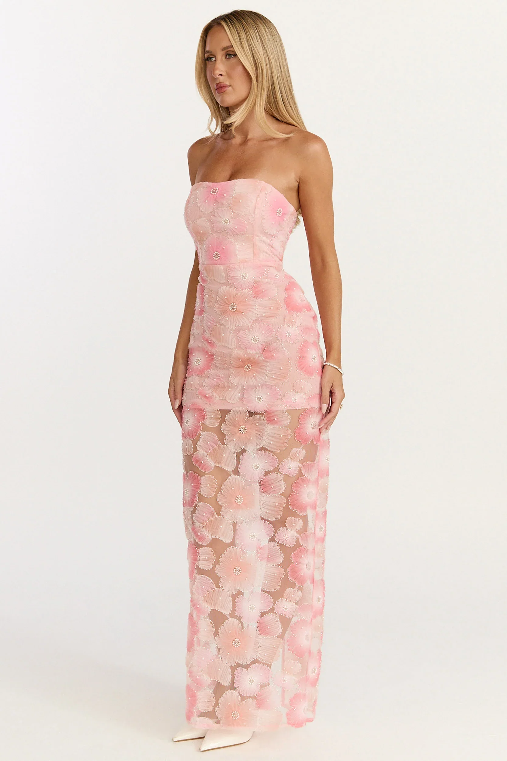 Lima Maxi Dress - Strapless Floral Embellished Column Dress in Pink