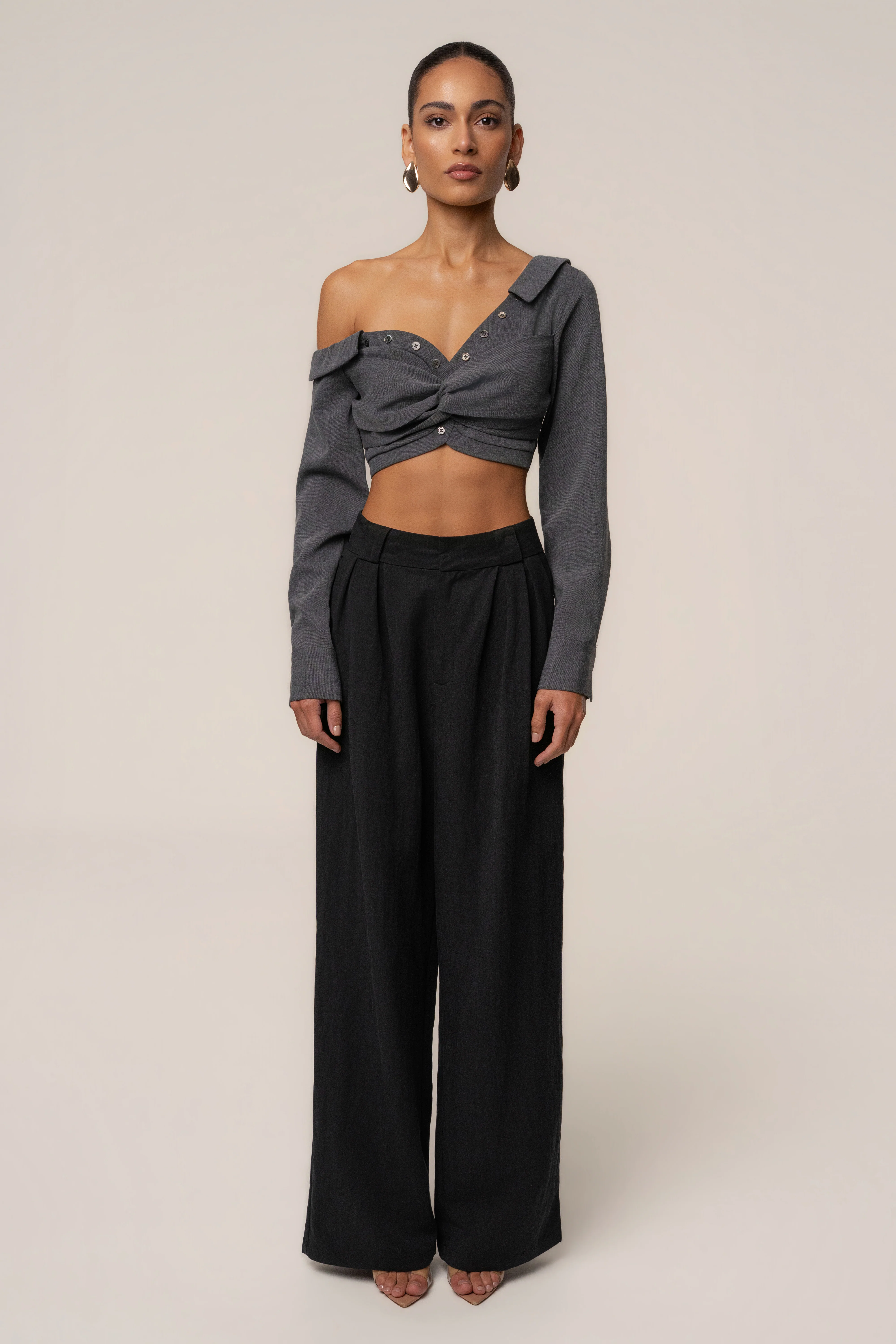 Grey Off-Shoulder Twist Crop Top