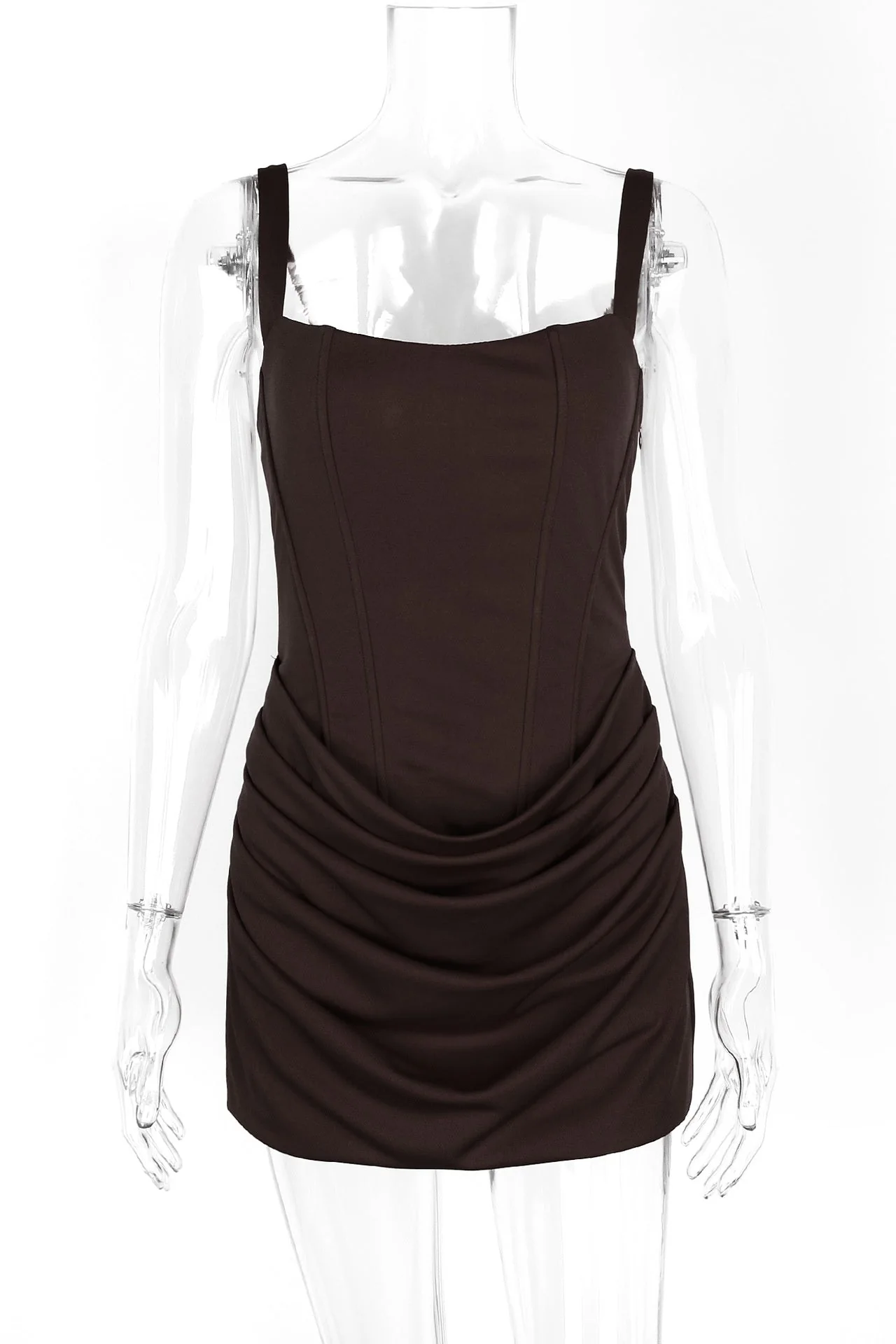 Brown Square Neck Ruched Tight Short Dress