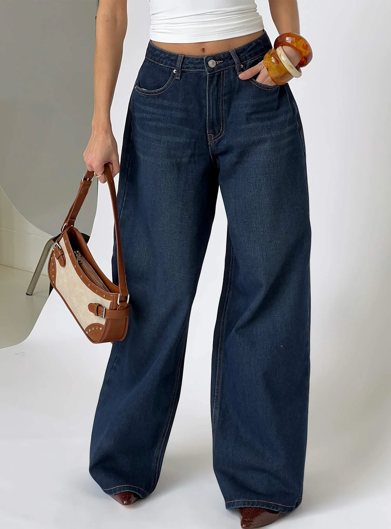 Naylor Mid Rise Wide Leg Jeans Mid Blue Denim Tall
