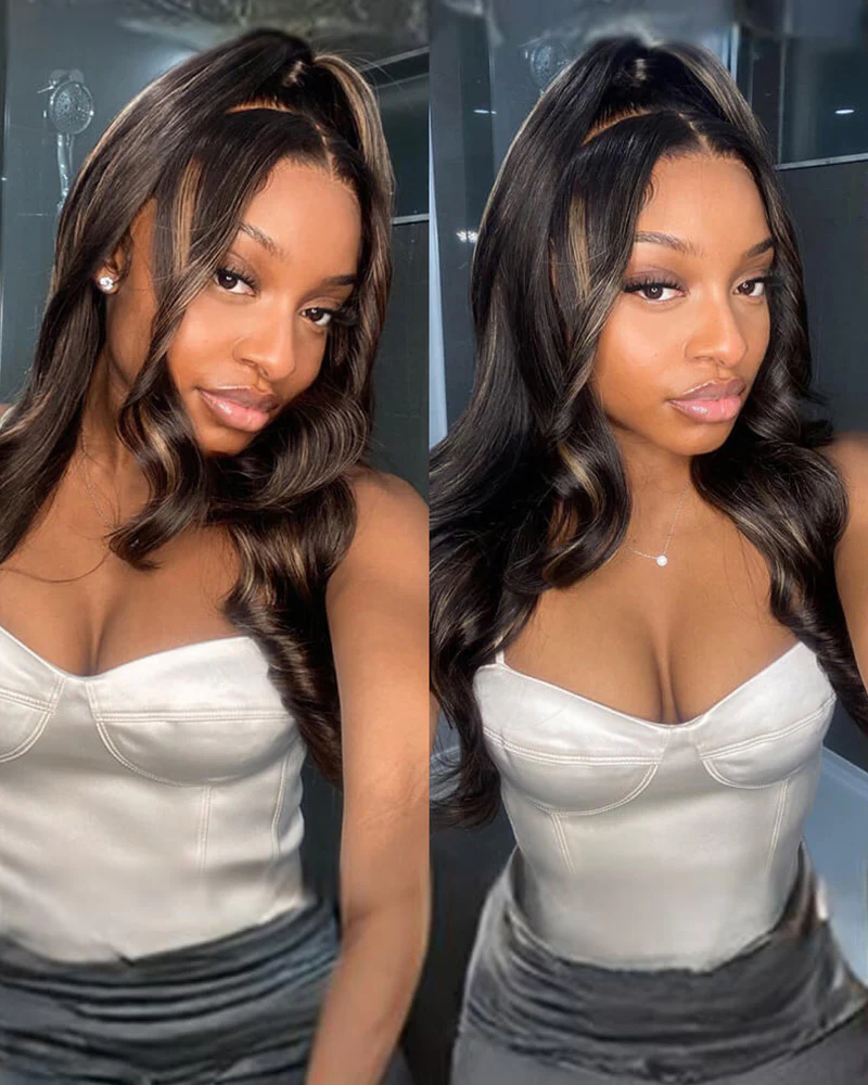 Ophirawig 6x5 Invisible Knots & 13x4 Frontal Lace Honey Blonde Highlights On Black Body Wave Wig Invisible Knots