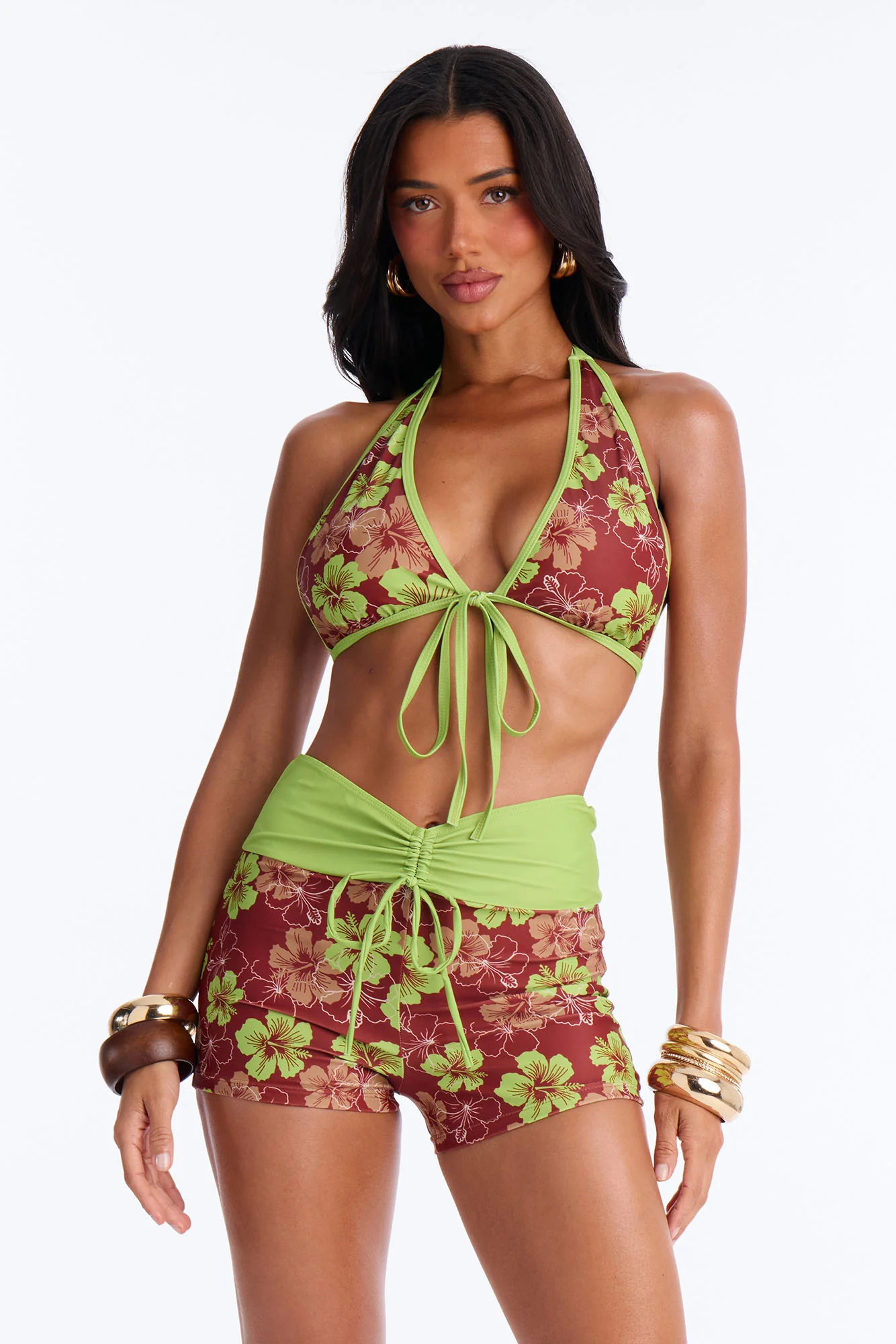 Alana Floral 3 Piece Halter Bikini & Short Sunsuit - Brown/combo