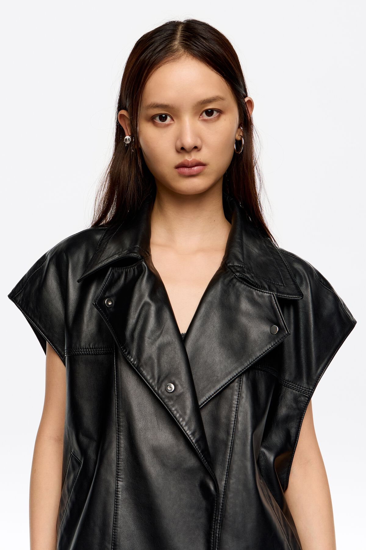 Black leather double-breasted vest