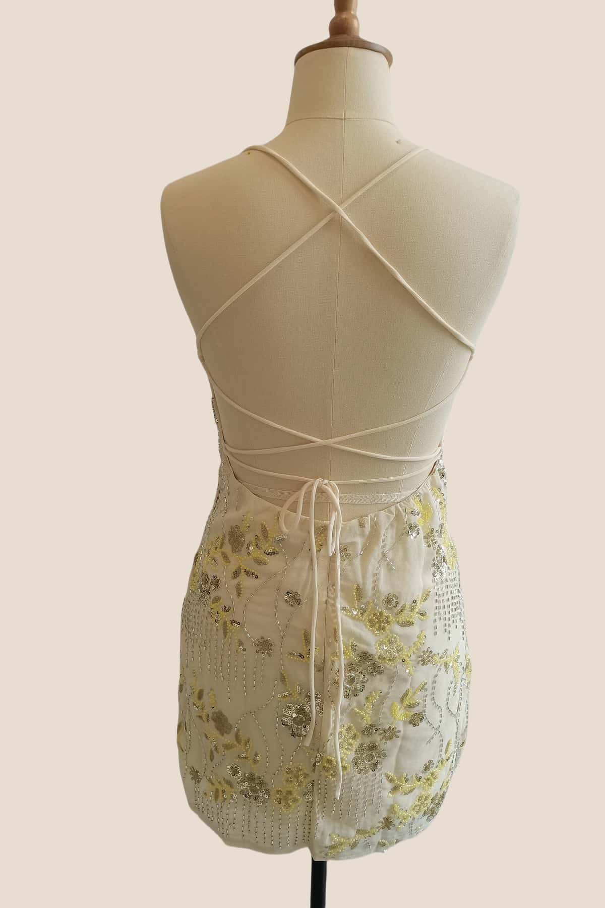 Straps Yellow Sequin Fitted Short Dress