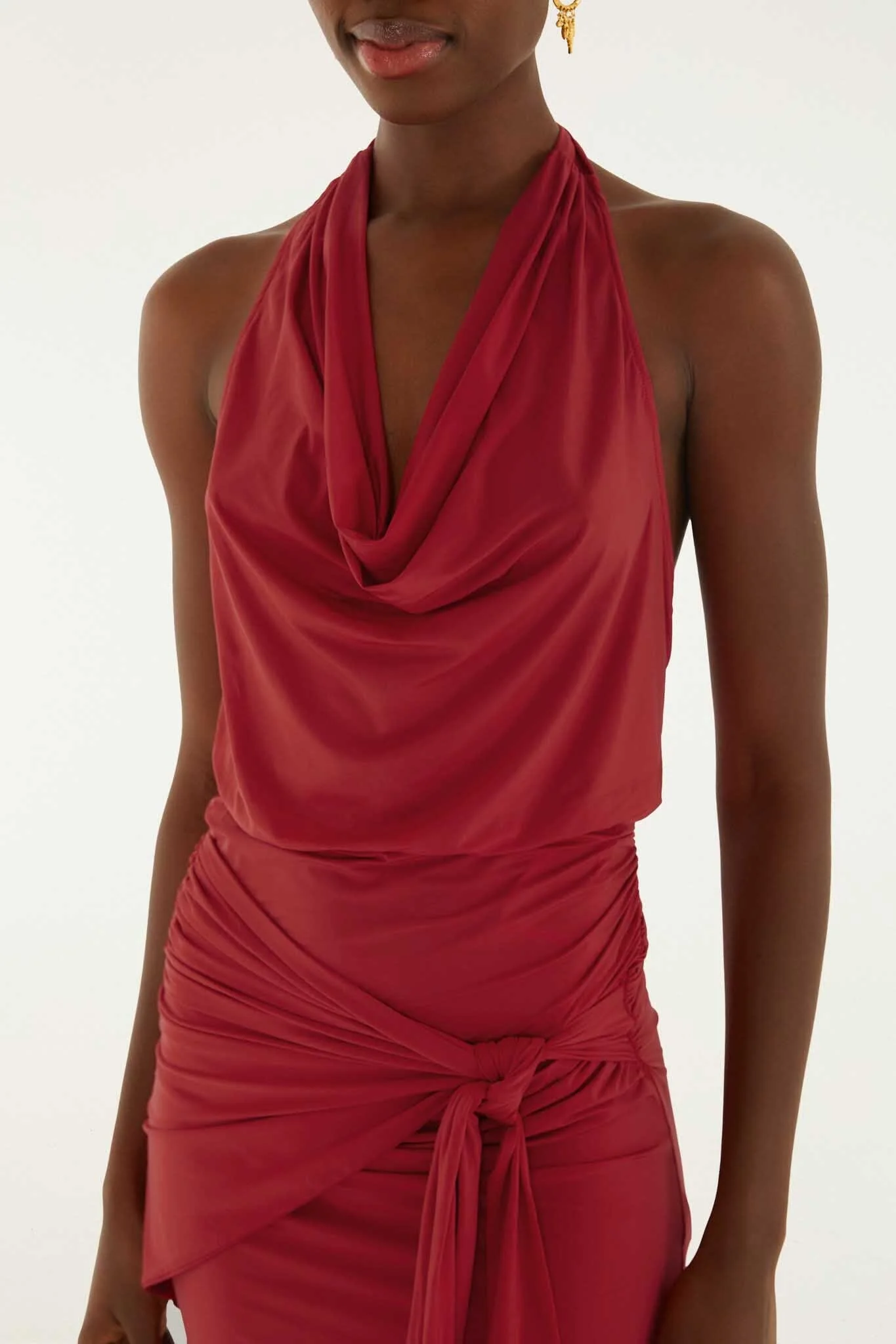 Red Draped Halter Neck Mini Dress