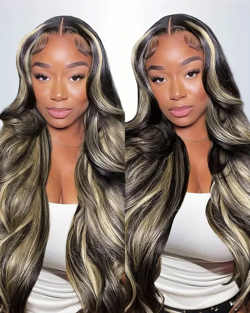 Ophirawig V-Part Lace Glueless Balayage Highlight Body Wave Wig Invisi Drawstring Clip & Go