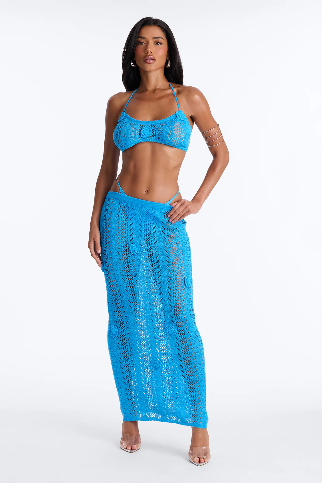 Seas The Bloom 3 Piece Floral Swim Crochet Cover Up Skirt Set - Blue