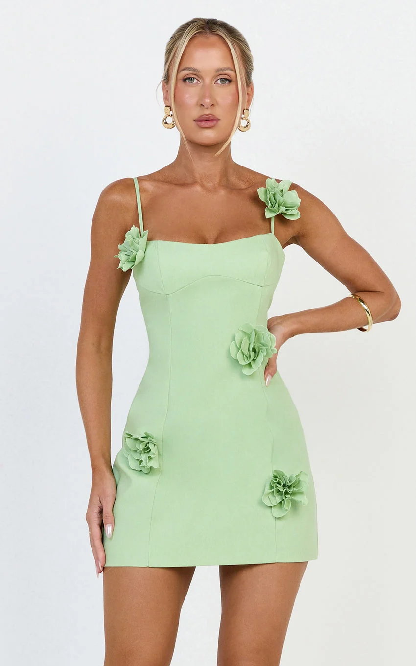 Ondine Mini Dress - 3D Floral Strappy Dress In Apple Green