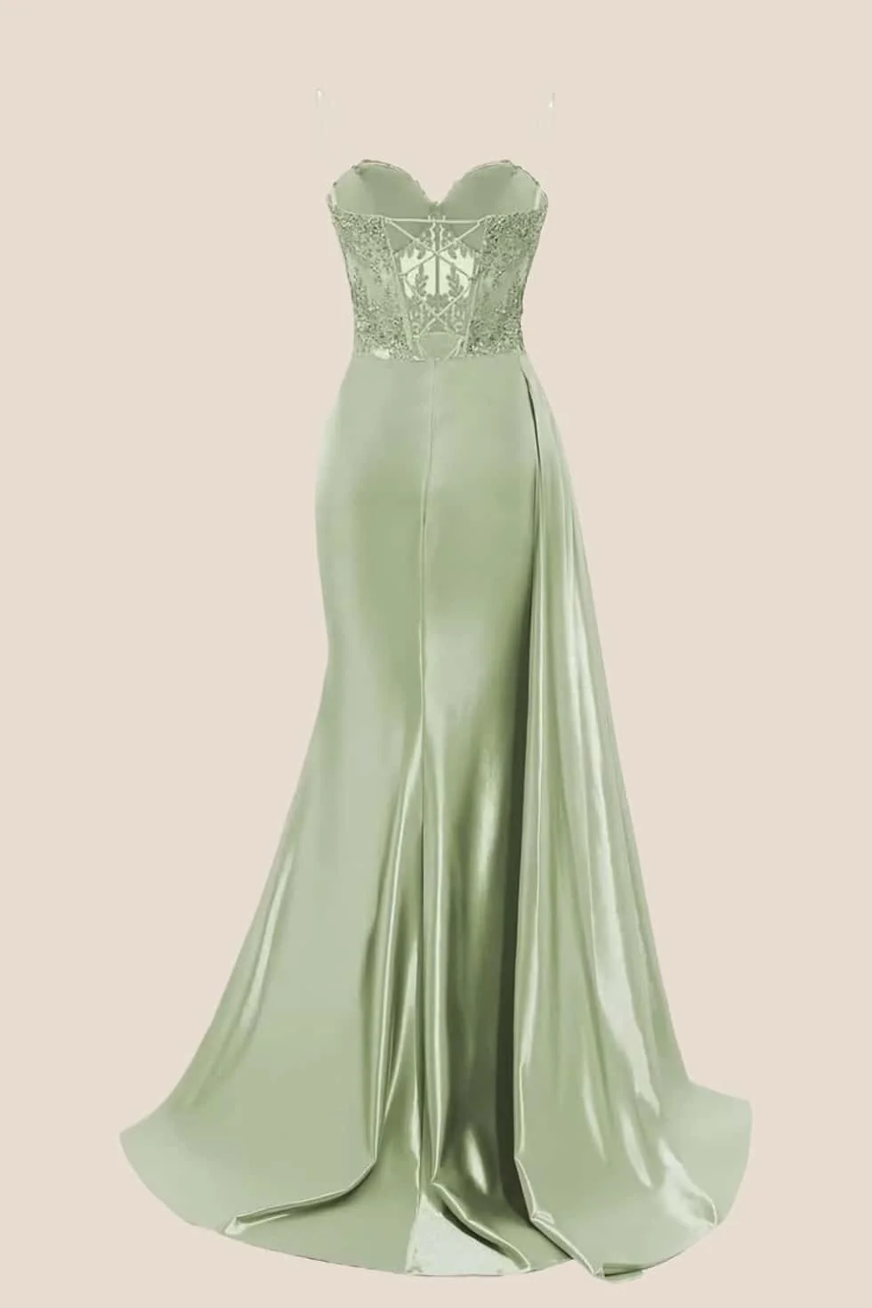 Sage Sheer Appliques Satin Long Prom Dress with Train
