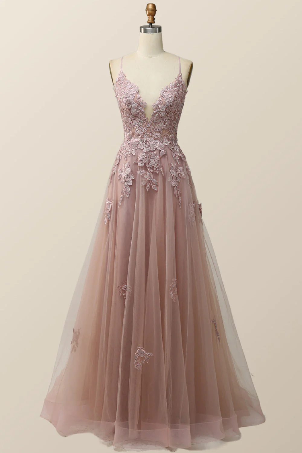 Sage Green V Neck Appliques Long Formal Dress