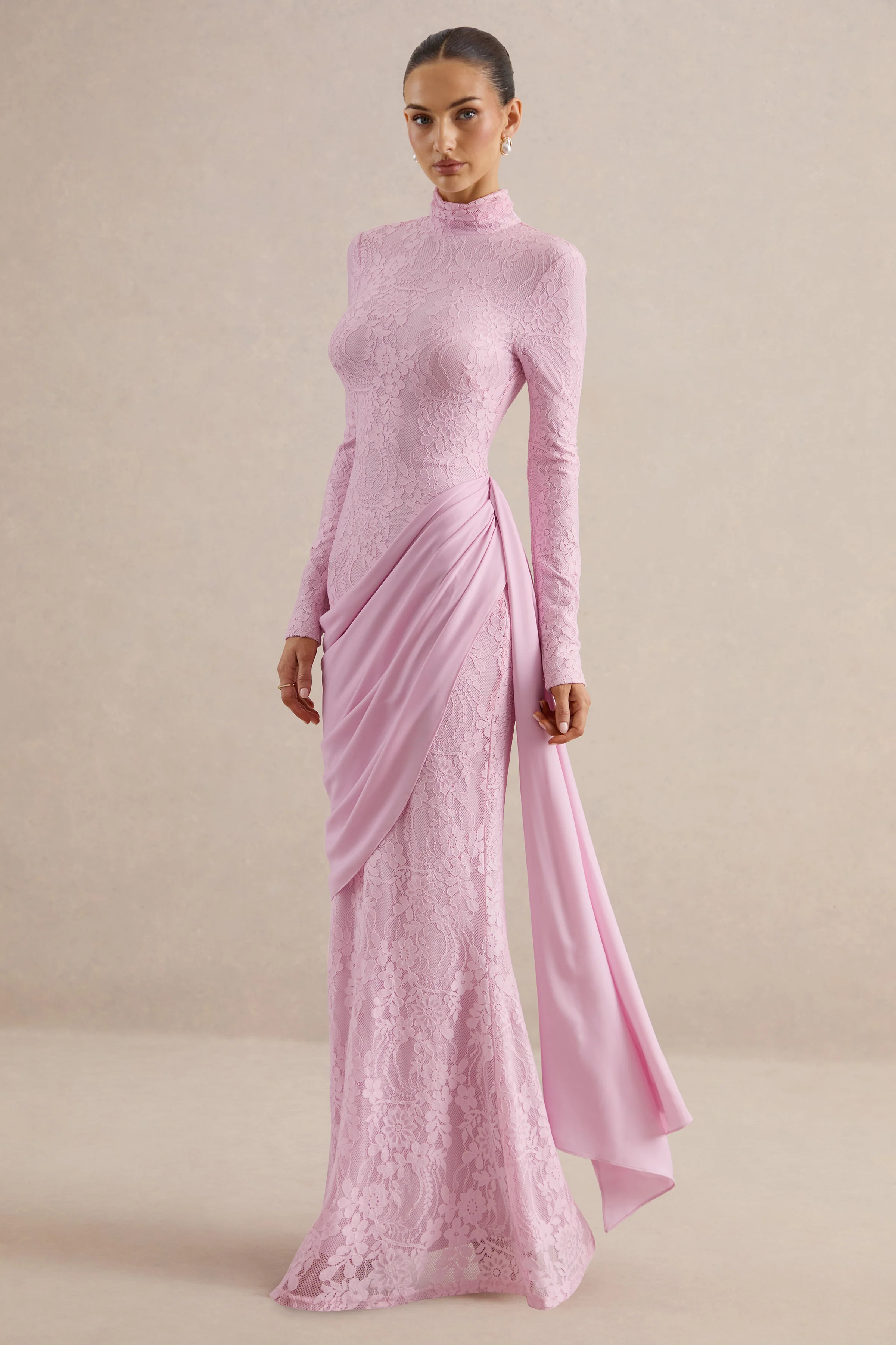 Enestra | Pink Lace High Neck Long Sleeve Maxi Dress With Draped Detailing And Sash
