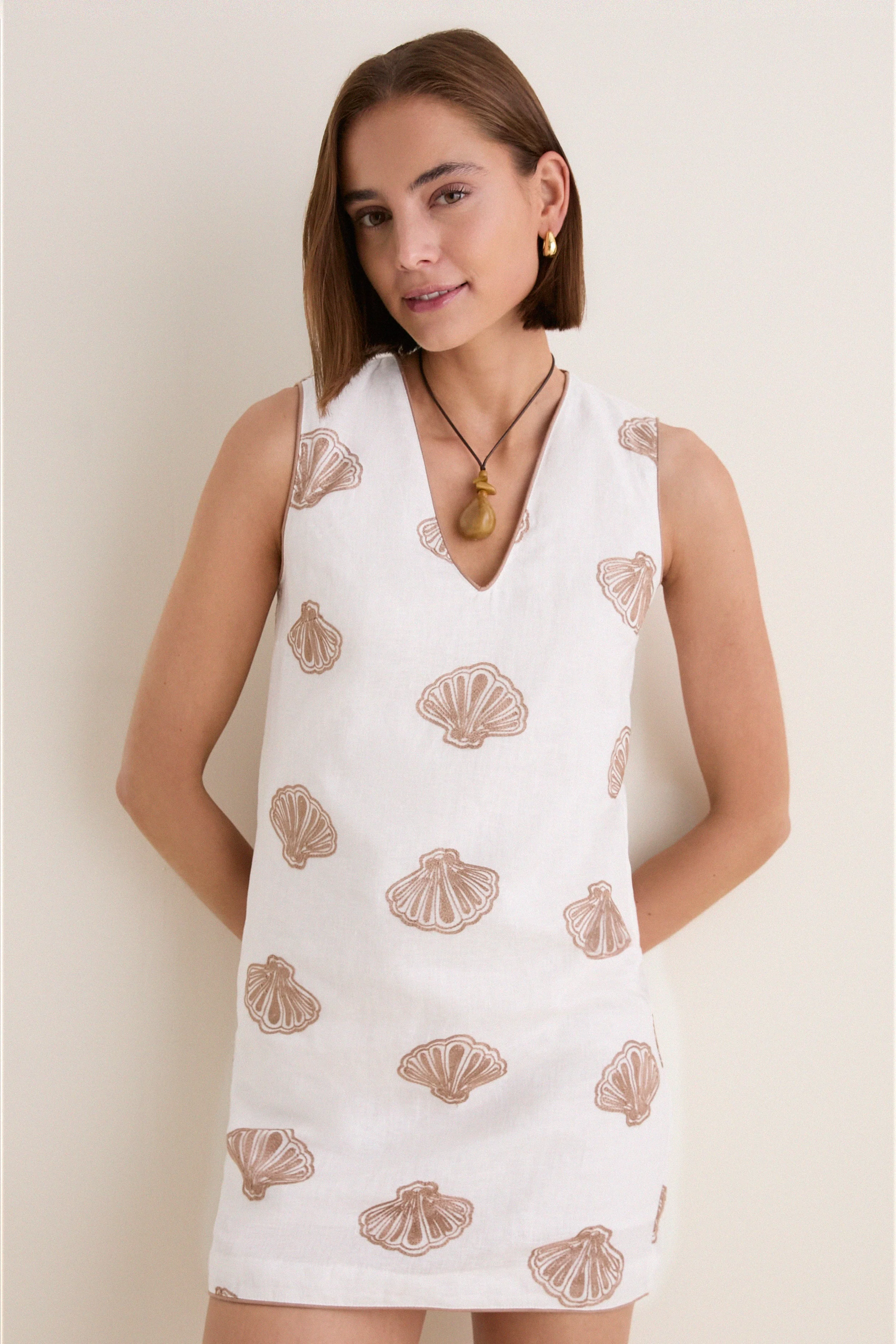 White & Tan Embroidered Seashell Manteo Mini Dress