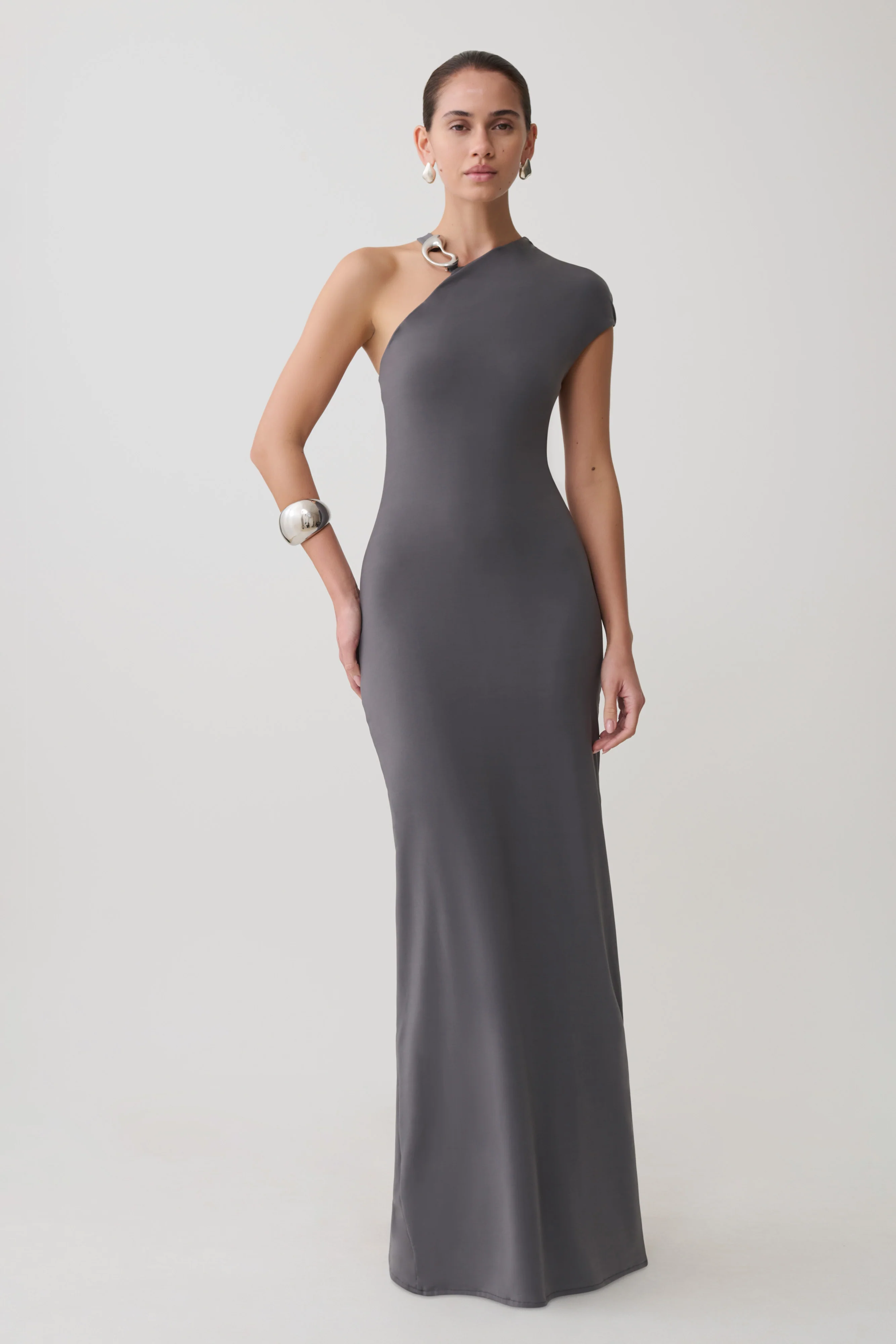 Oden Slinky Maxi Dress With Hardware - Grey