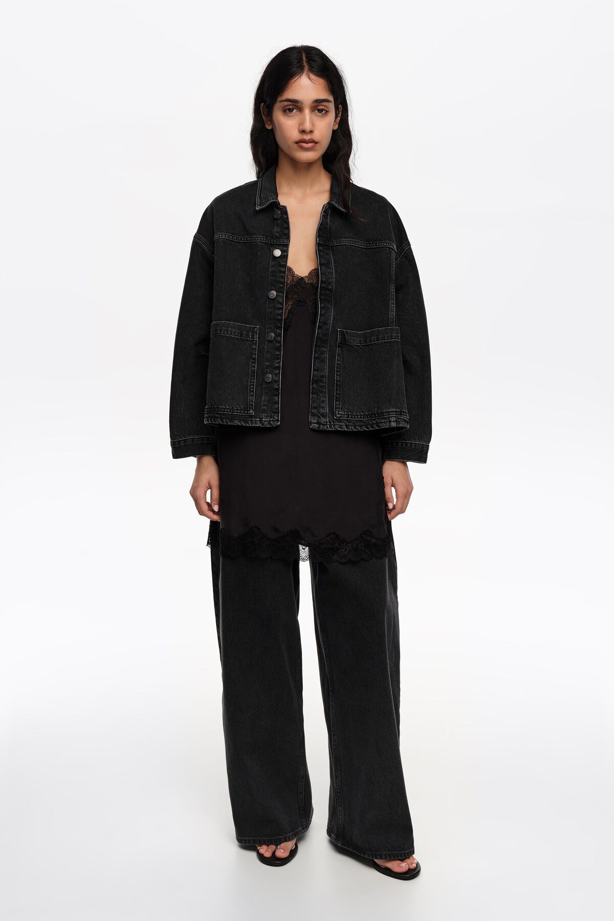 A-line washed denim jacket