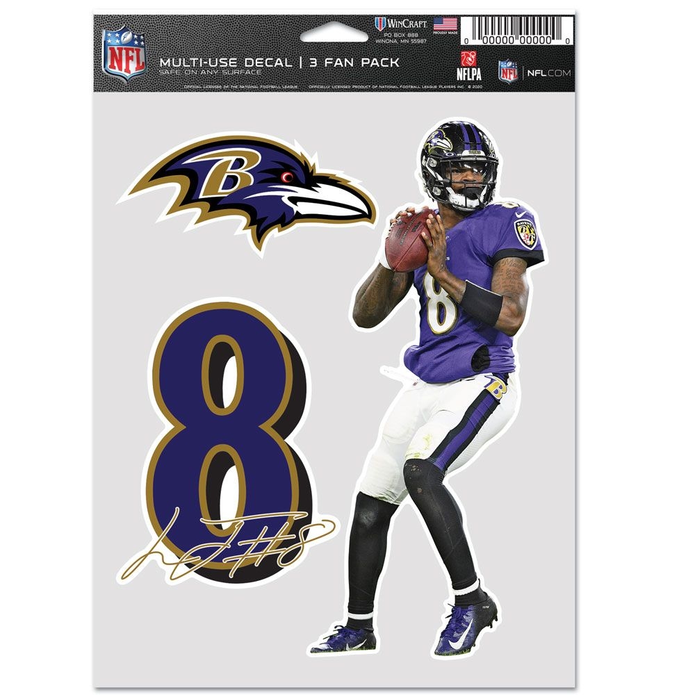 Lamar Jackson #8 Baltimore Ravens Player NFL Decals Set (3 Pcs.)