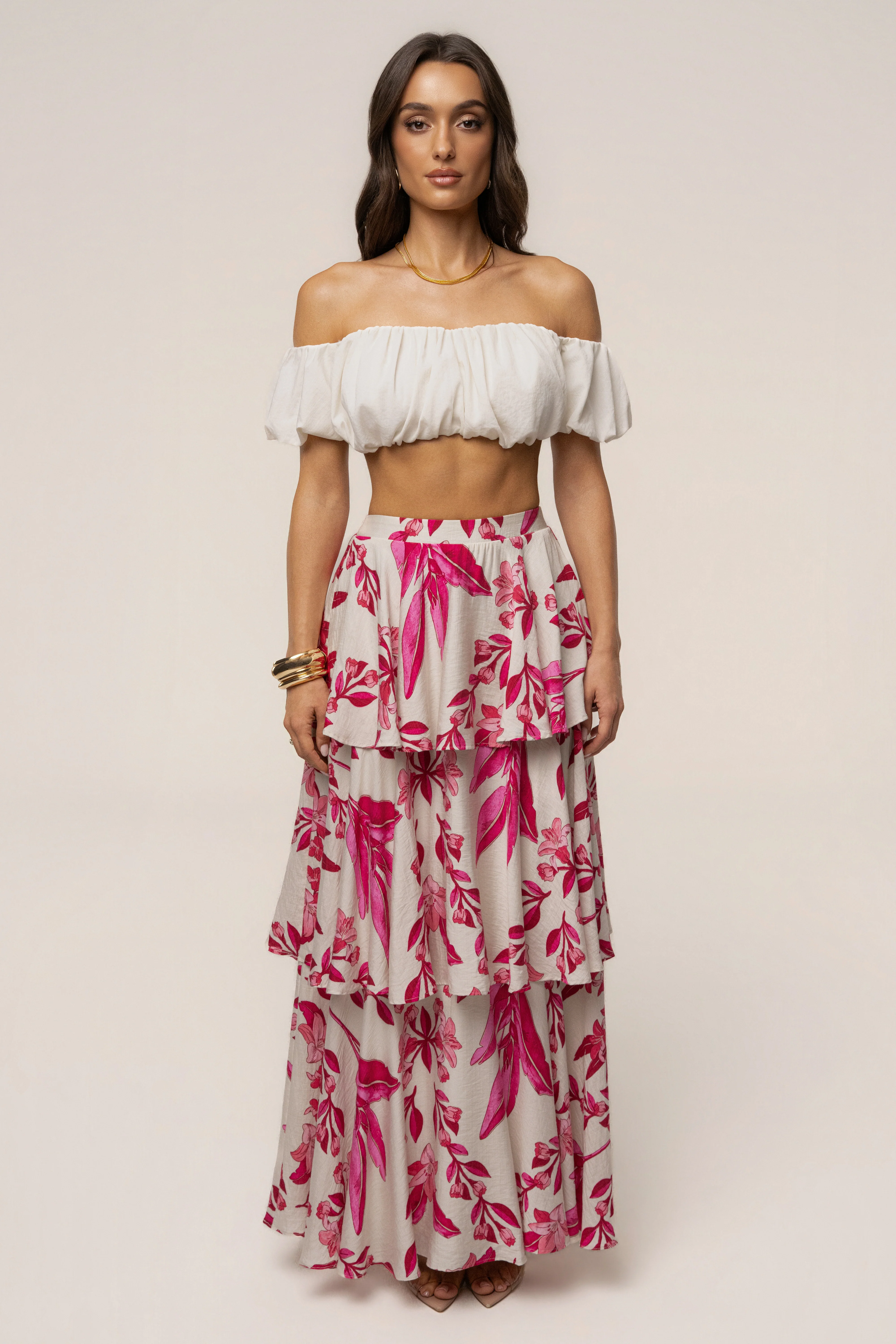 Pink Floral Jasmine Ruffle Maxi Skirt