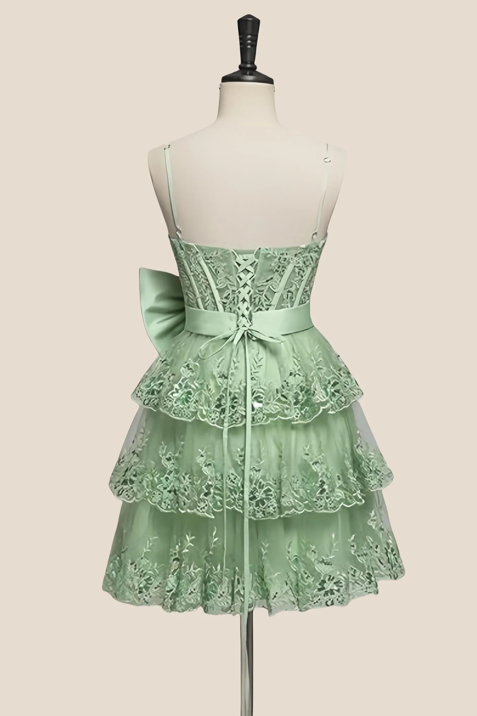 Straps Green Appliques Tiered Short Dress with Bow