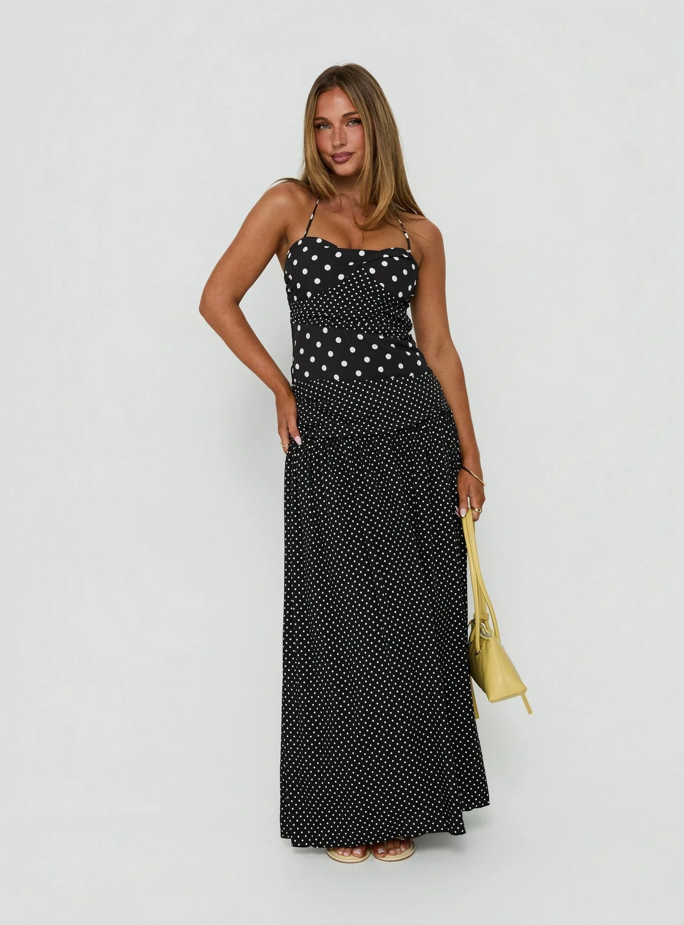 Marguerite Halter Maxi Dress Black / White Polka Dot