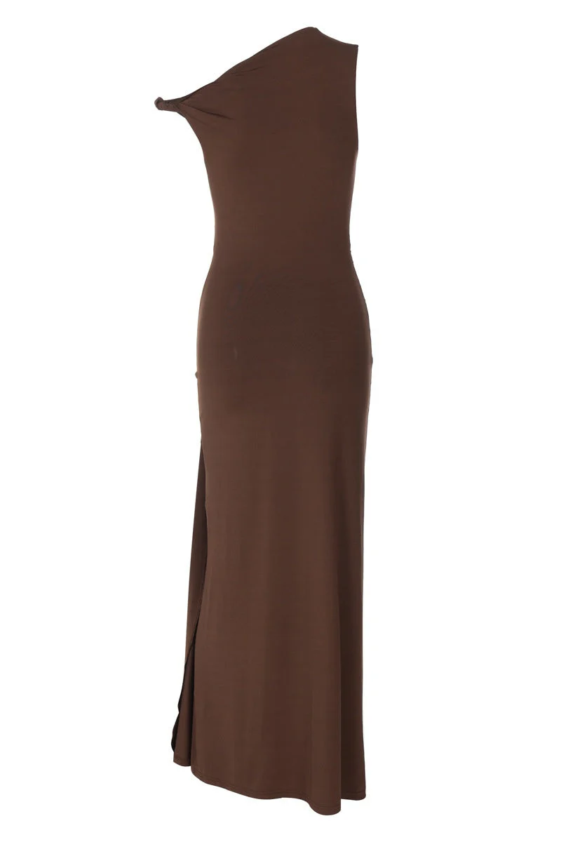 Asymmetric Neck Brown Fitted Dress