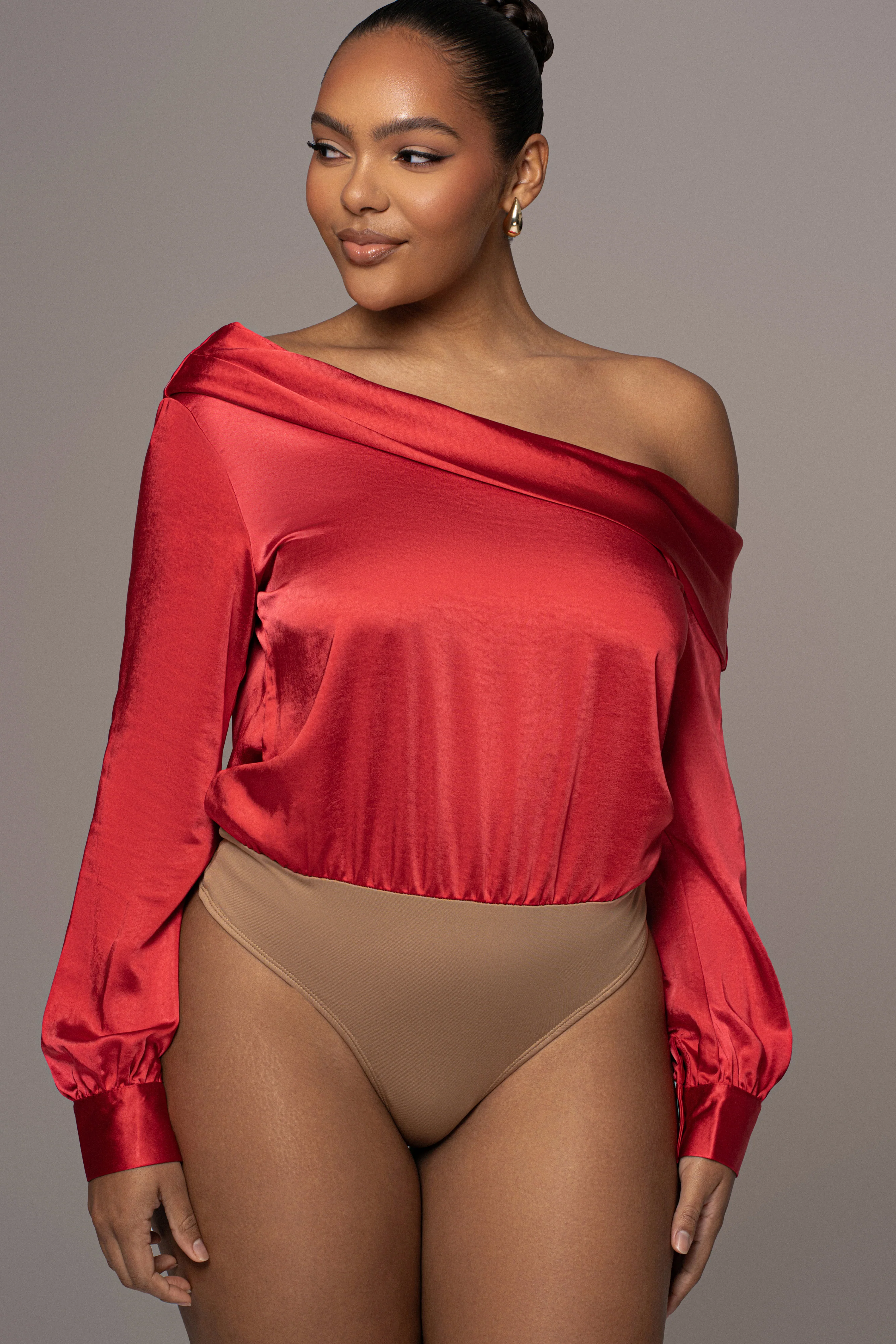 Red Satin Rima Asymmetrical Bodysuit