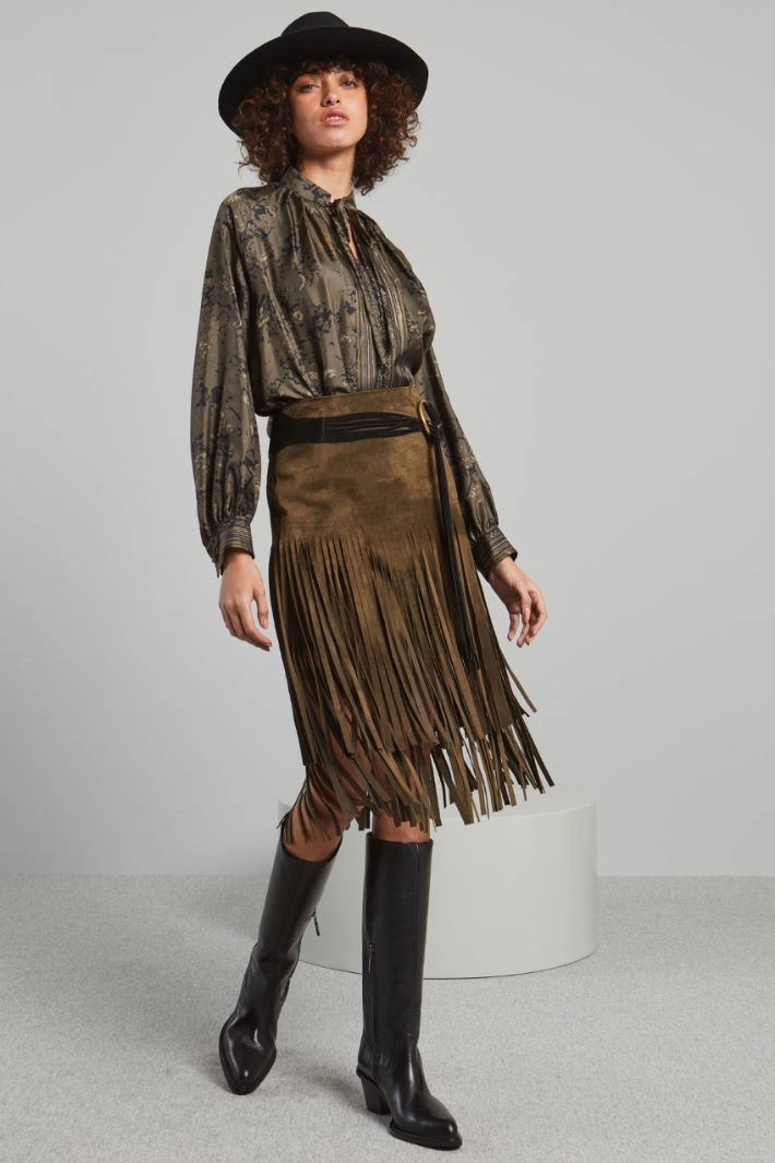 Suede skirt with fringe - KHAKI GREEN