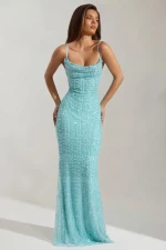 Embellished Cowl-Neck Backless Maxi Dress in Aqua Blue