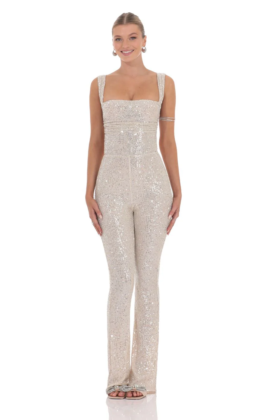 Sequin Back Tie Jumpsuit in Champagne