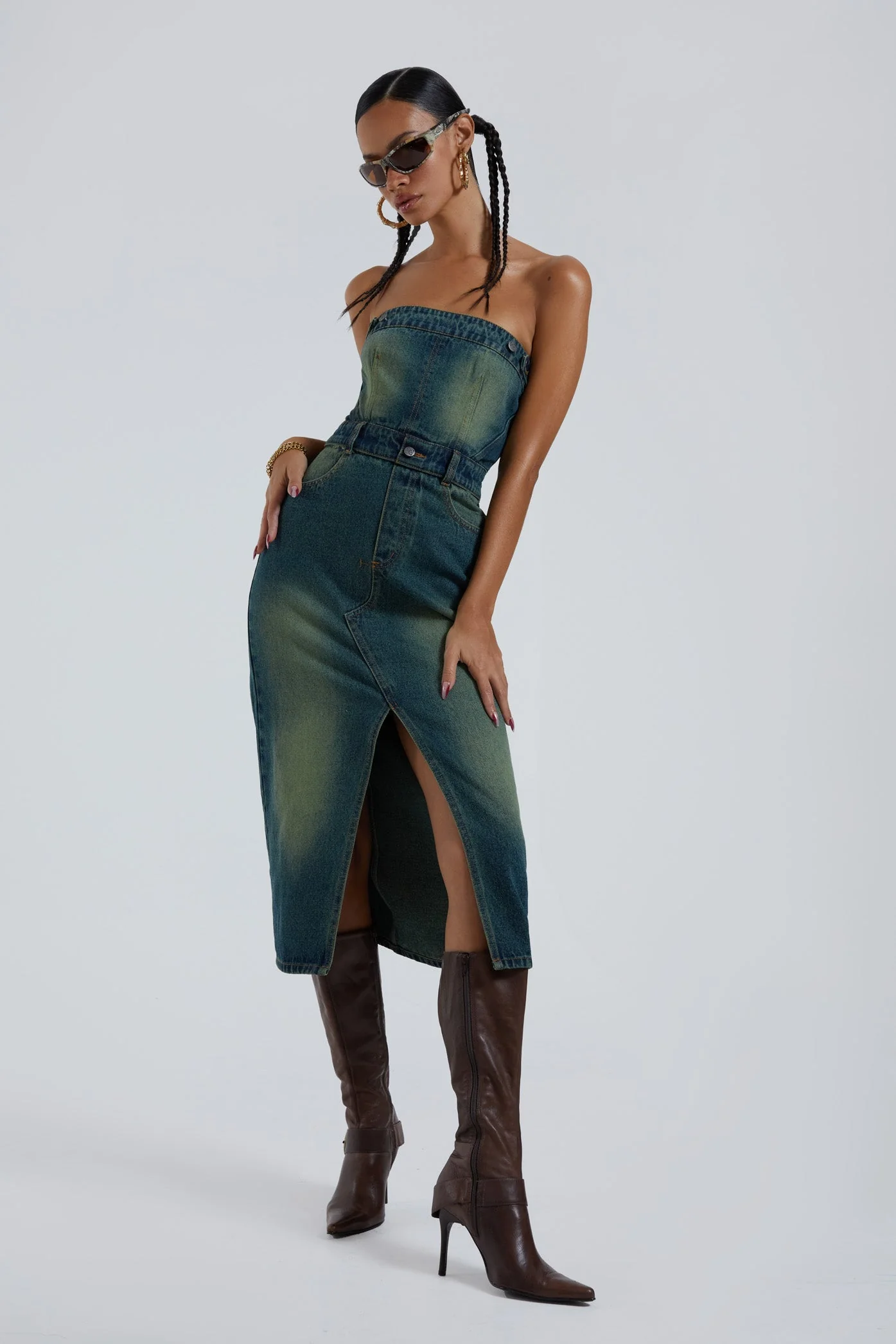 Liberty 2 In 1 Detachable Denim Blue Midi Dress