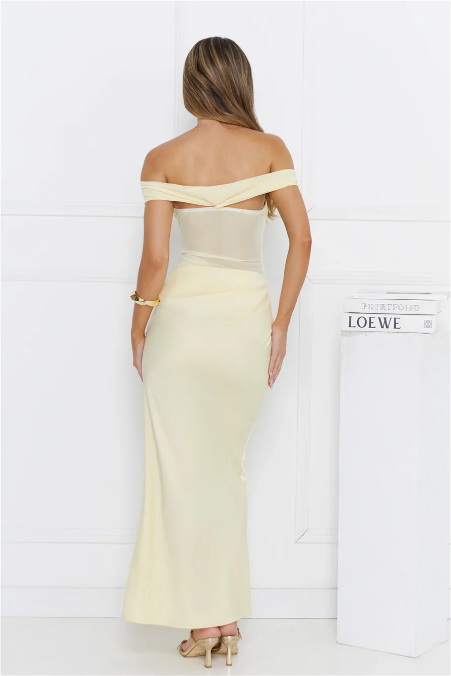 Silent Dreams Mesh Satin Off Shoulder Maxi Dress Yellow