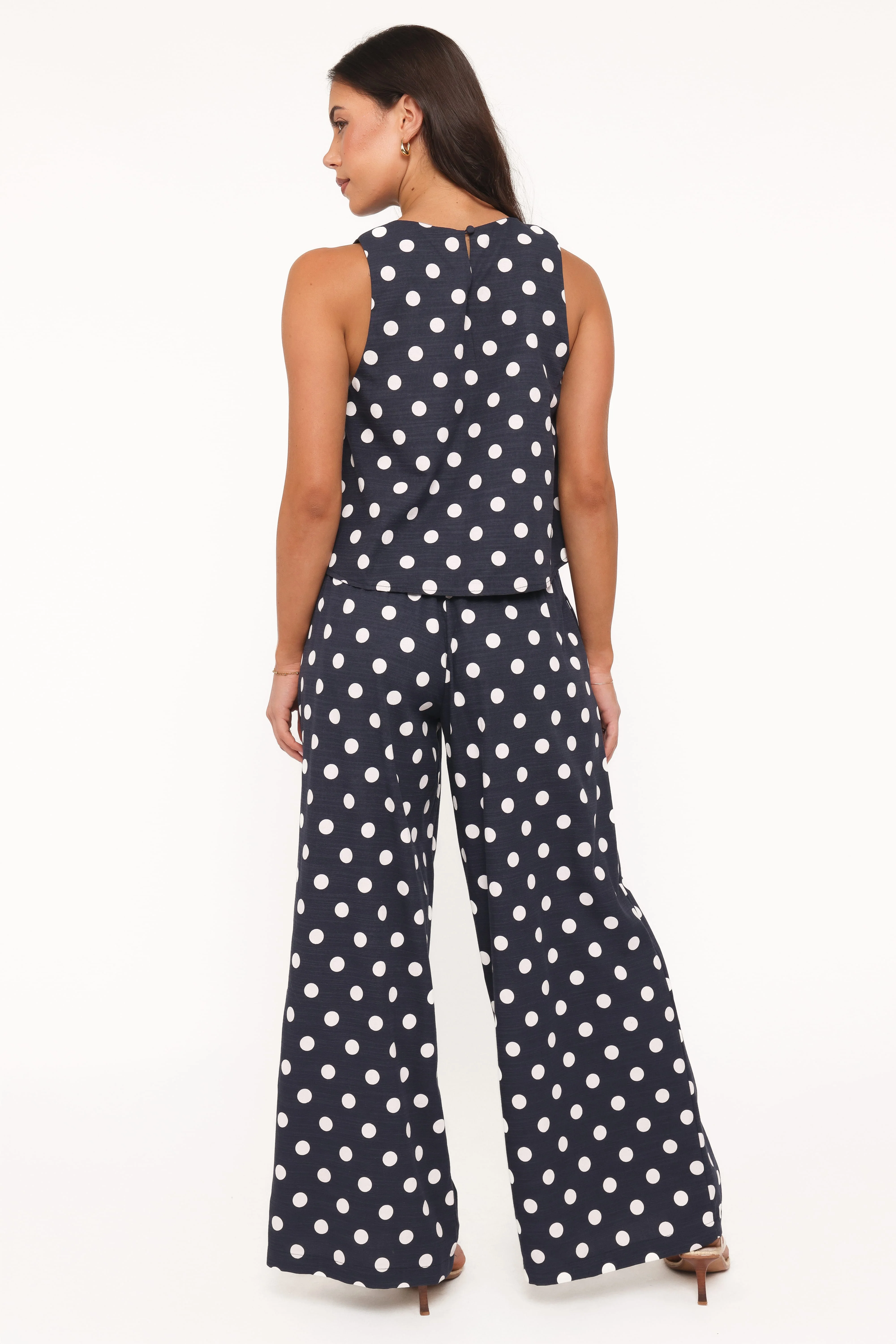 Jillian Smocked Pant Set - Navy Polka Dot