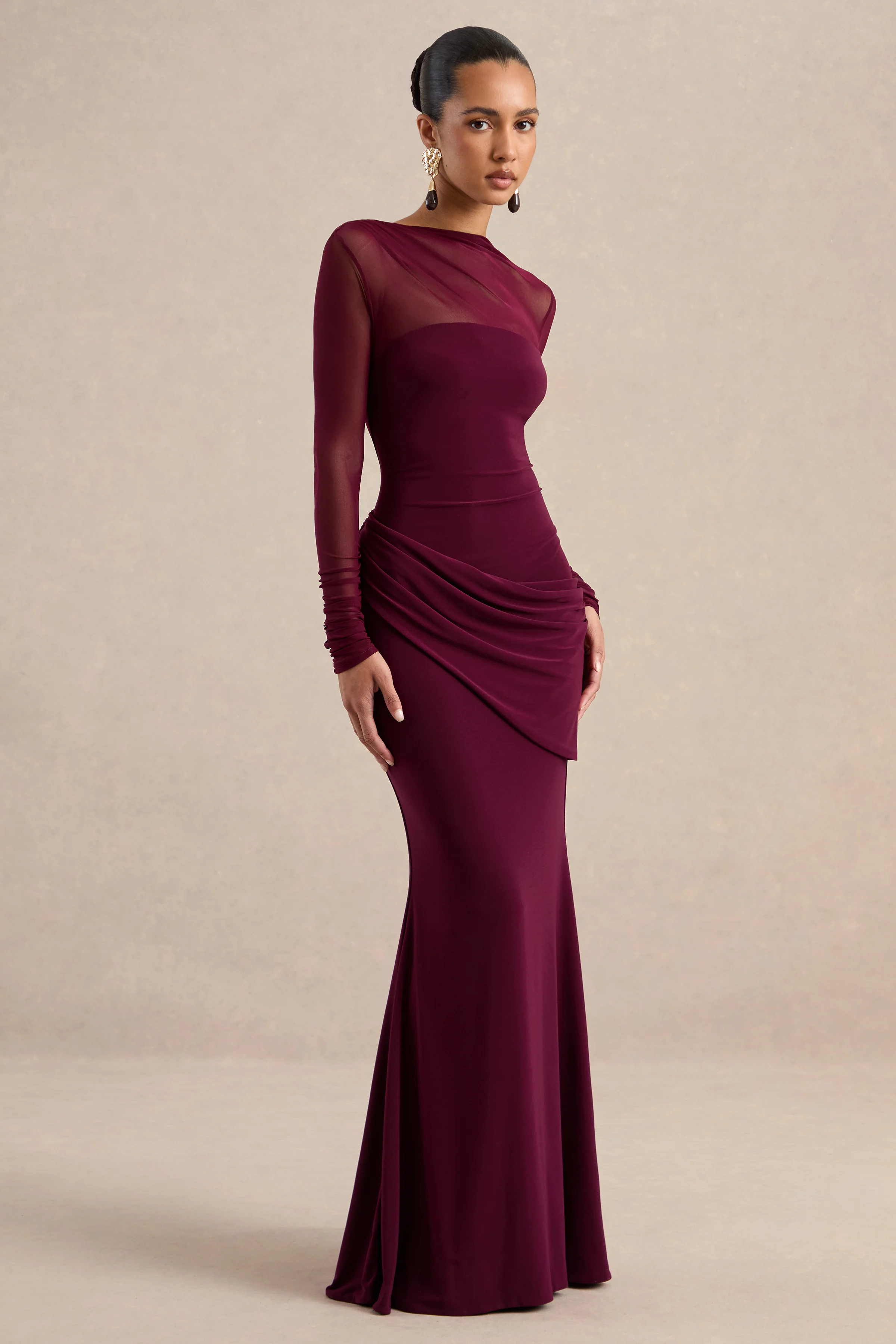 Deema | Burgundy Jersey High Neck Long Sleeve Maxi Dress With Ruching