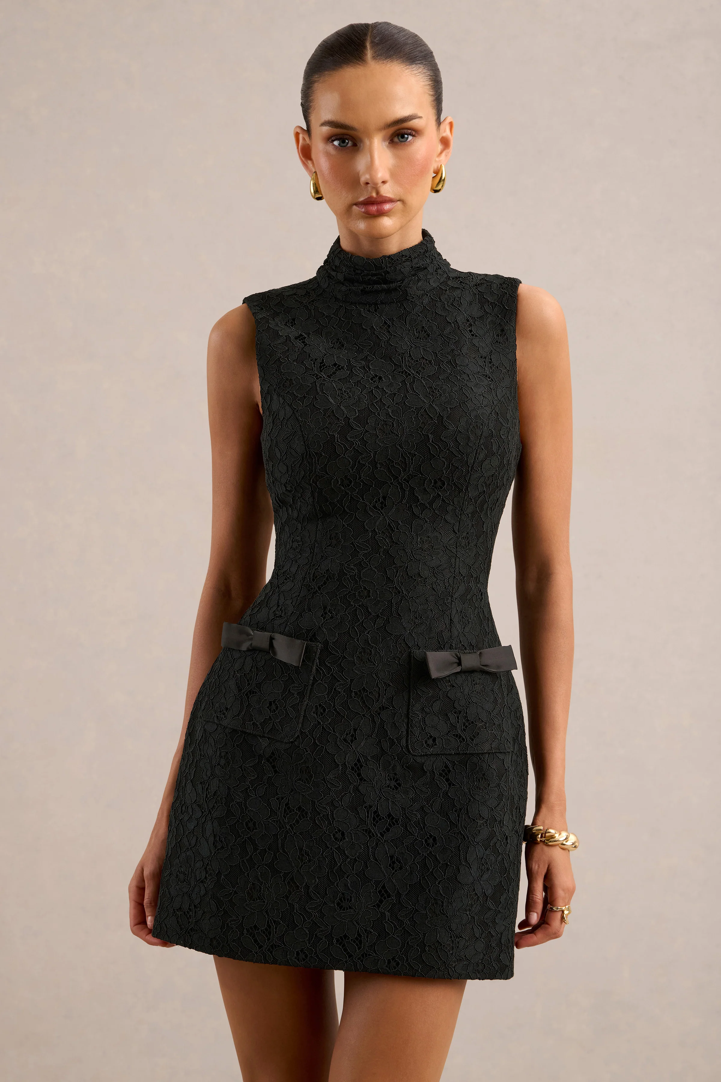 Cielle | Black Lace High Neck Mini Dress With Bow Detailing