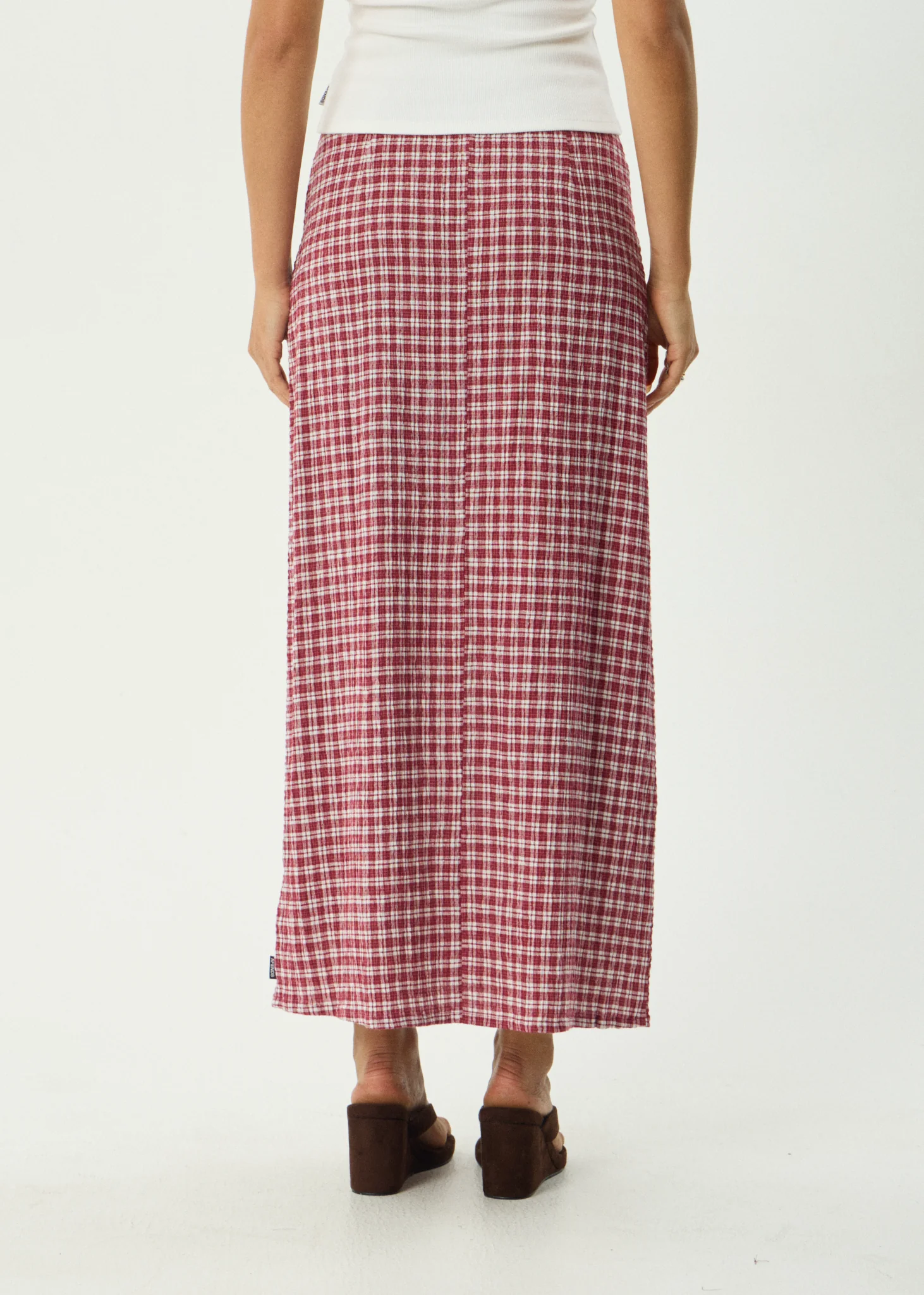 AFENDS Womens Lita - Seersucker Maxi Skirt - Base Burgundy Check