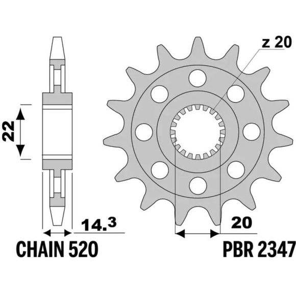 PBR gearbox output pinion Standard steel PBR pinion 2347 - 520Ref: Pbr01626A / 1149601001