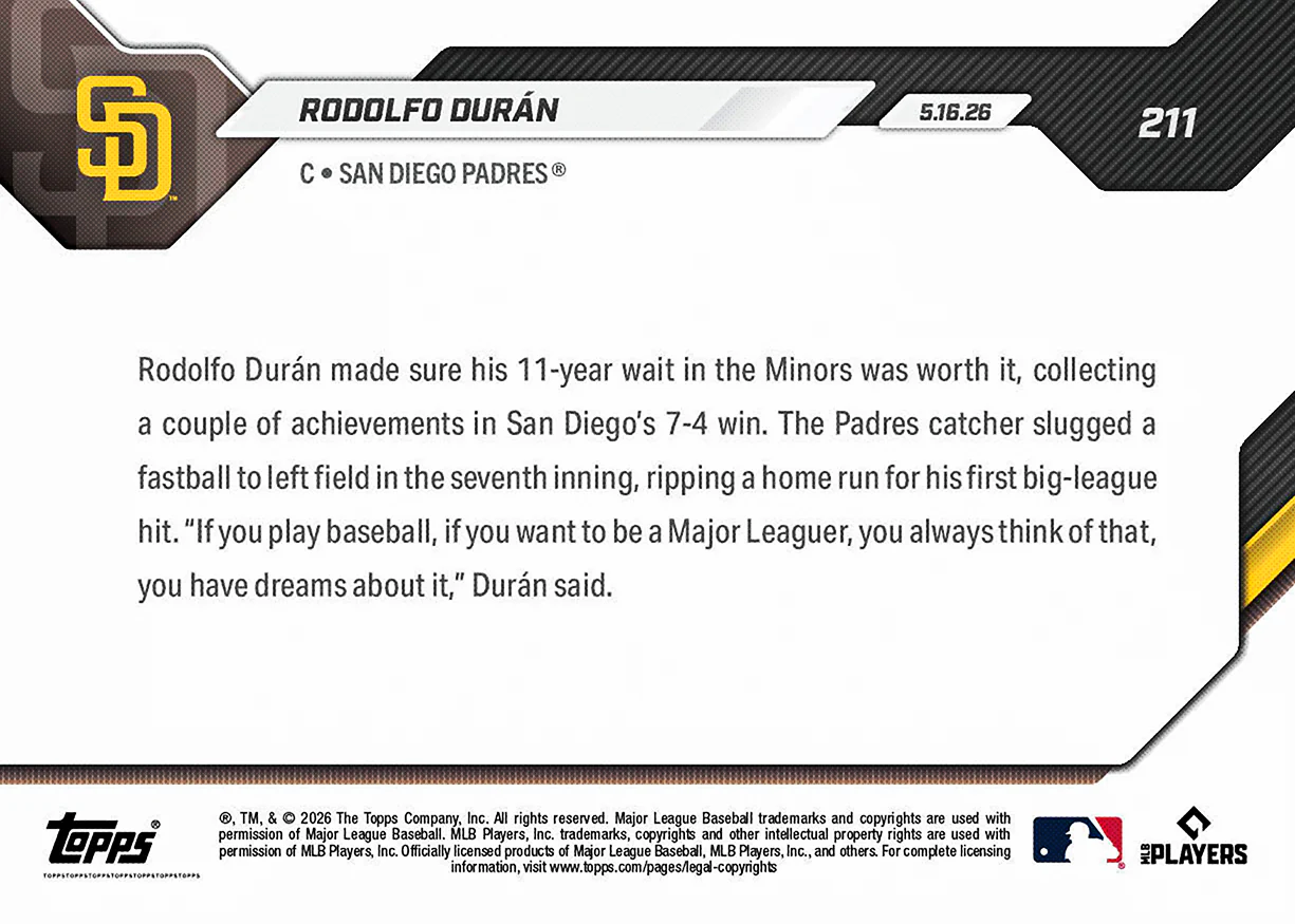 Rodolfo Durán - 2026 MLB Topps NOW® - Card 211 - PR: 999