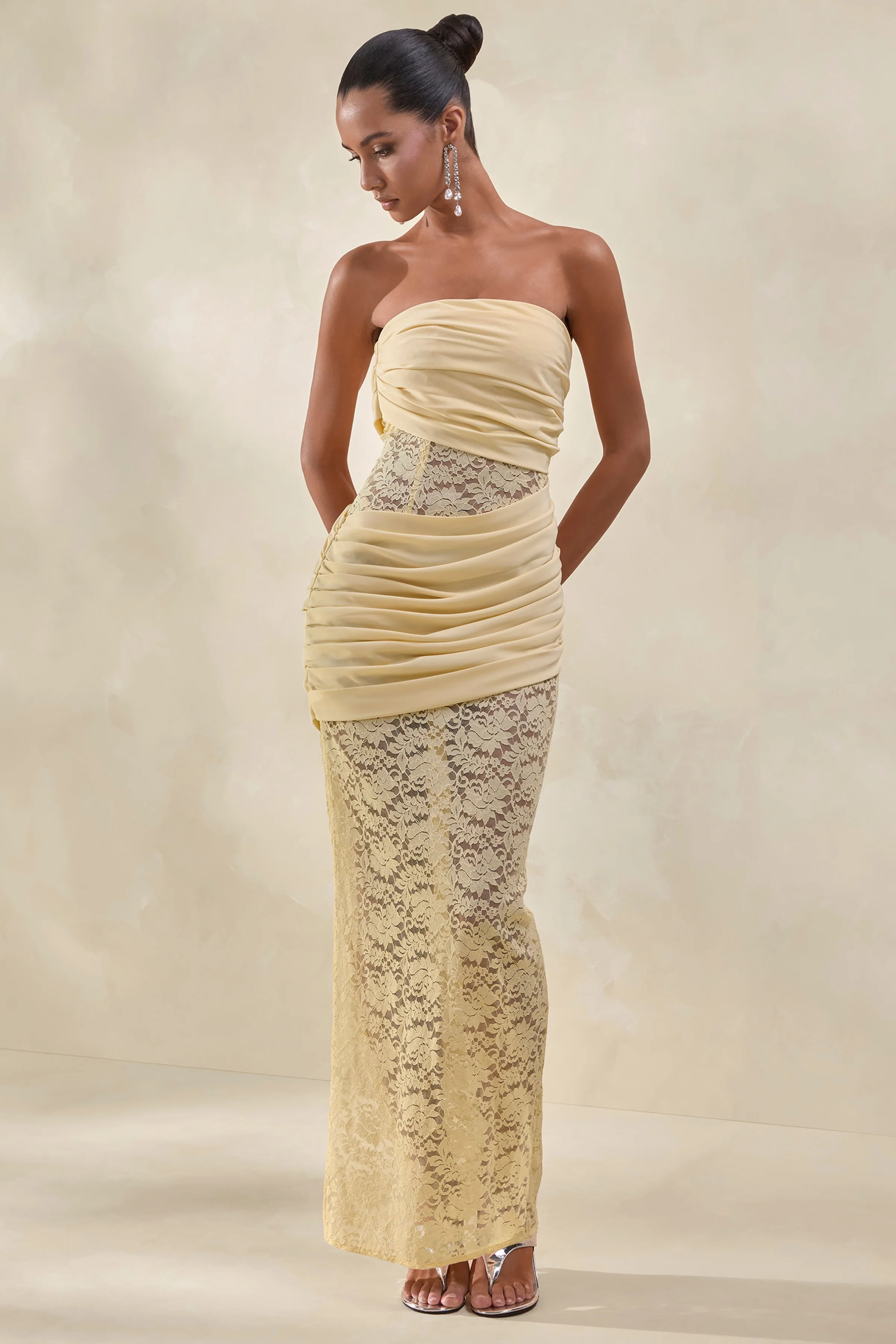 Lalita | Lemon Lace And Satin Bandeau Maxi Dress With Wrap-Details