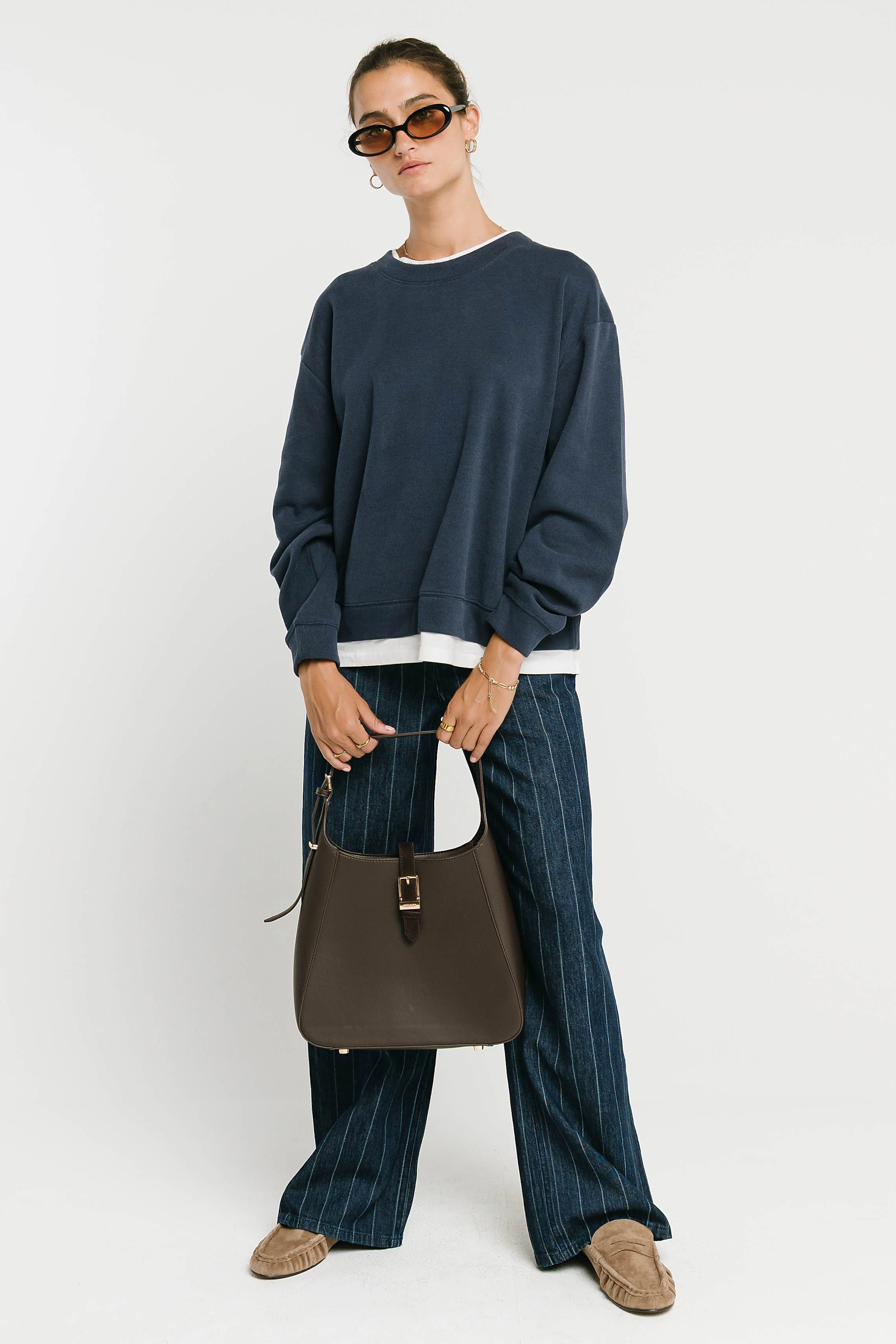 Ava Double Layer Crewneck in Navy