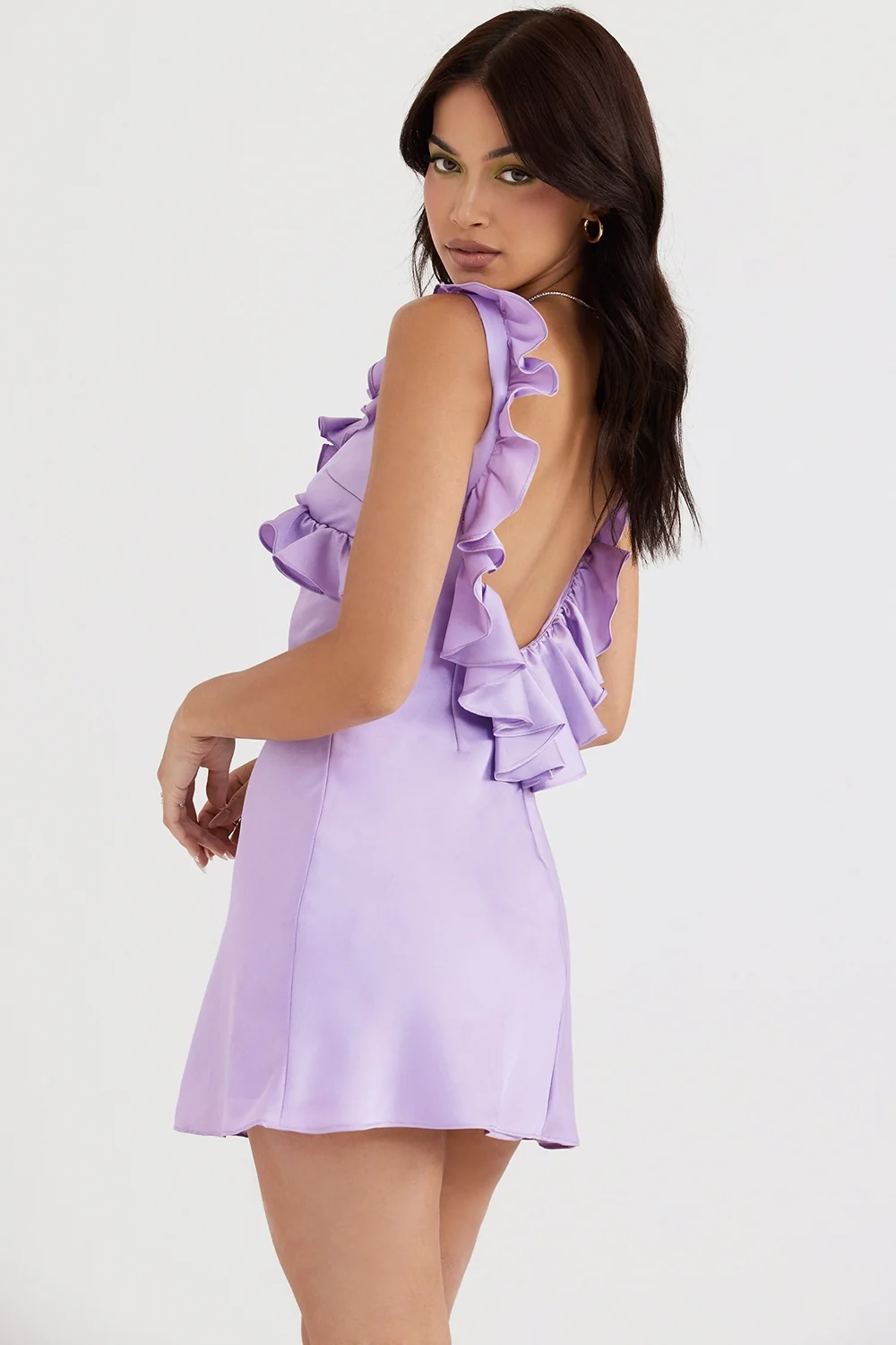 orchid satin ruffle mini dress
