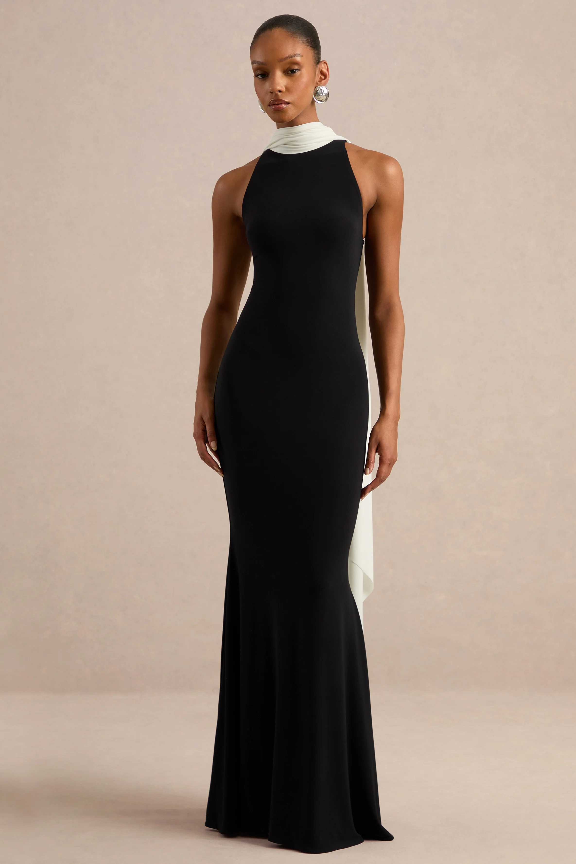 Calise | Monochrome Jersey High Neck Maxi Dress With Scarf Detail