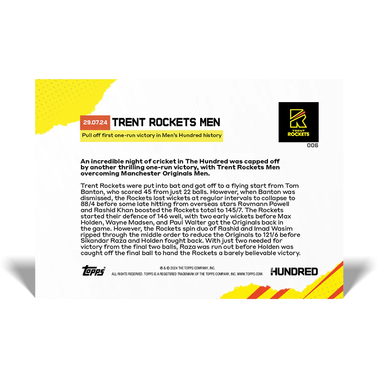 Trent Rockets Men - Pull off first one-run victory in Men’s Hundred history - 2024 The Hundred TOPPS NOW® Card 6 - PR:14