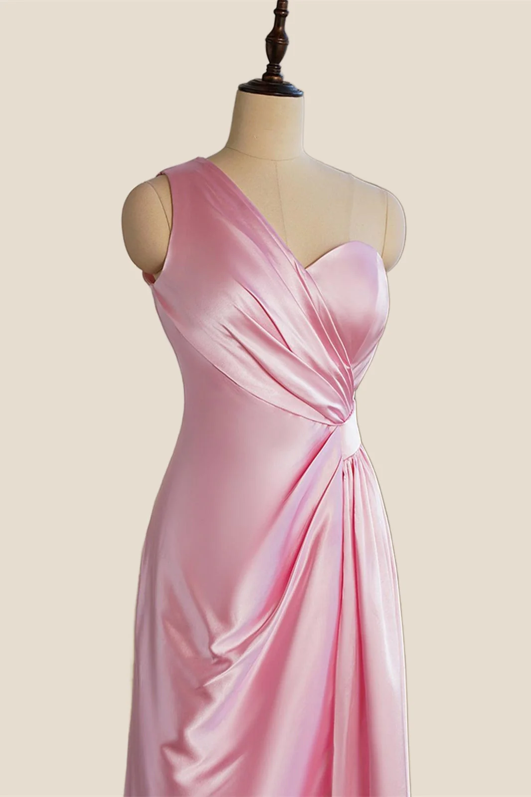 One Shoulder Pink Ruched Long Party Dress