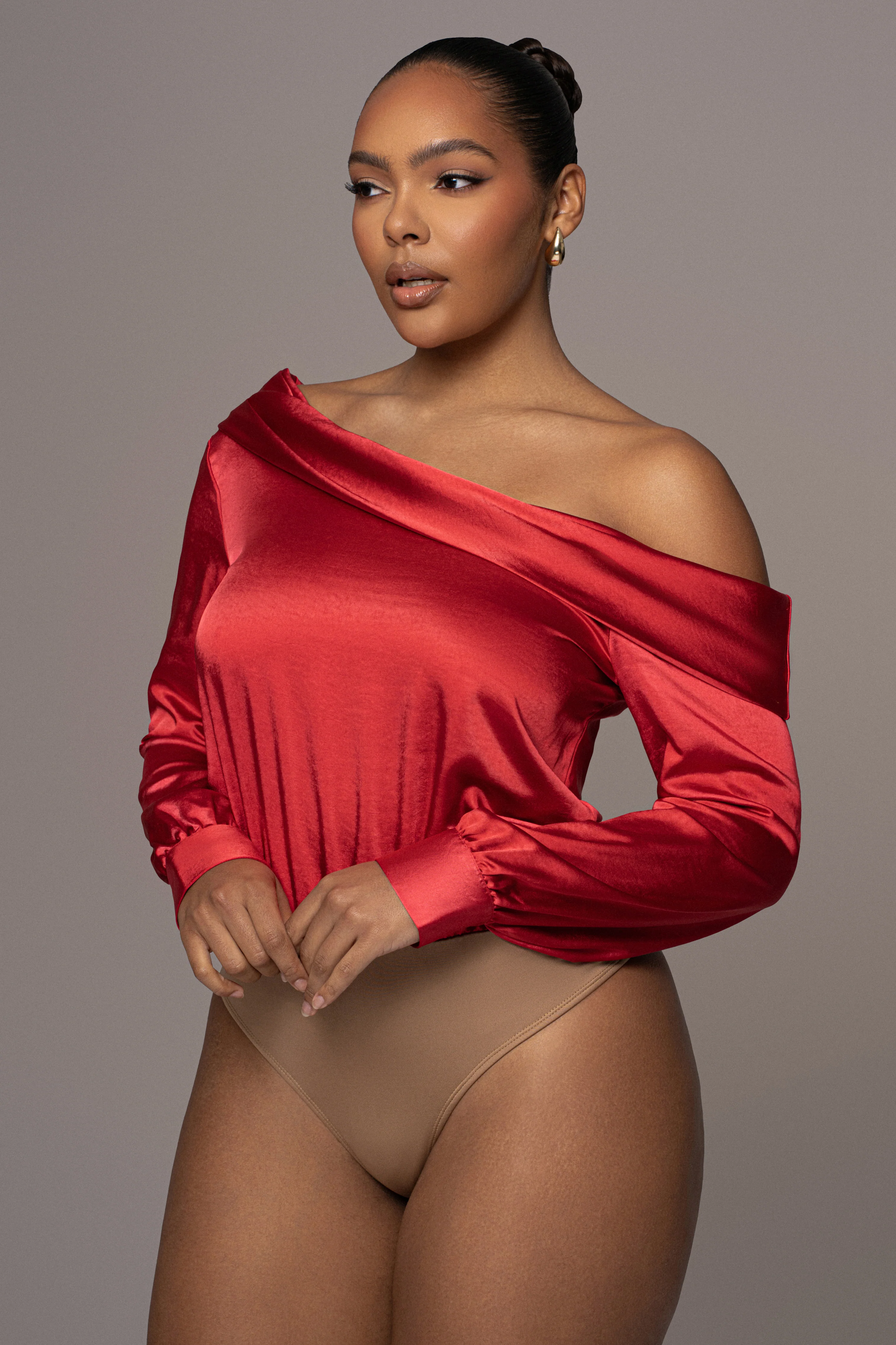Red Satin Rima Asymmetrical Bodysuit