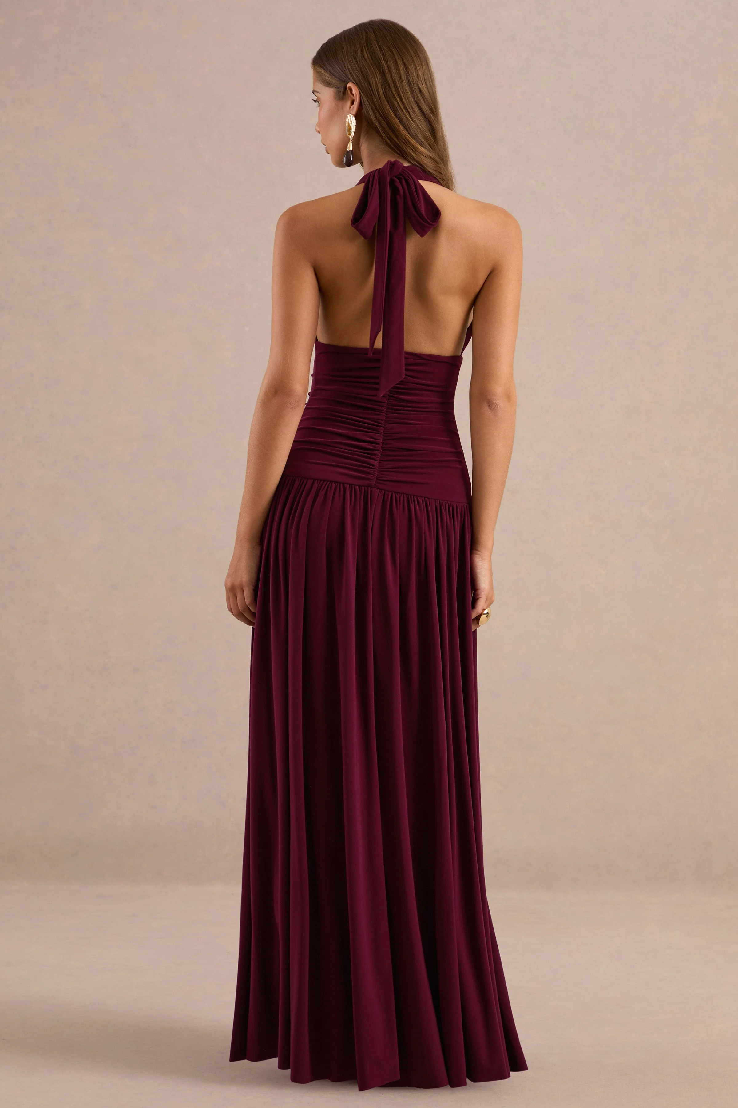 Bettina | Burgundy Jersey Plunge Maxi Dress With Gathered Detailing And Tie Back